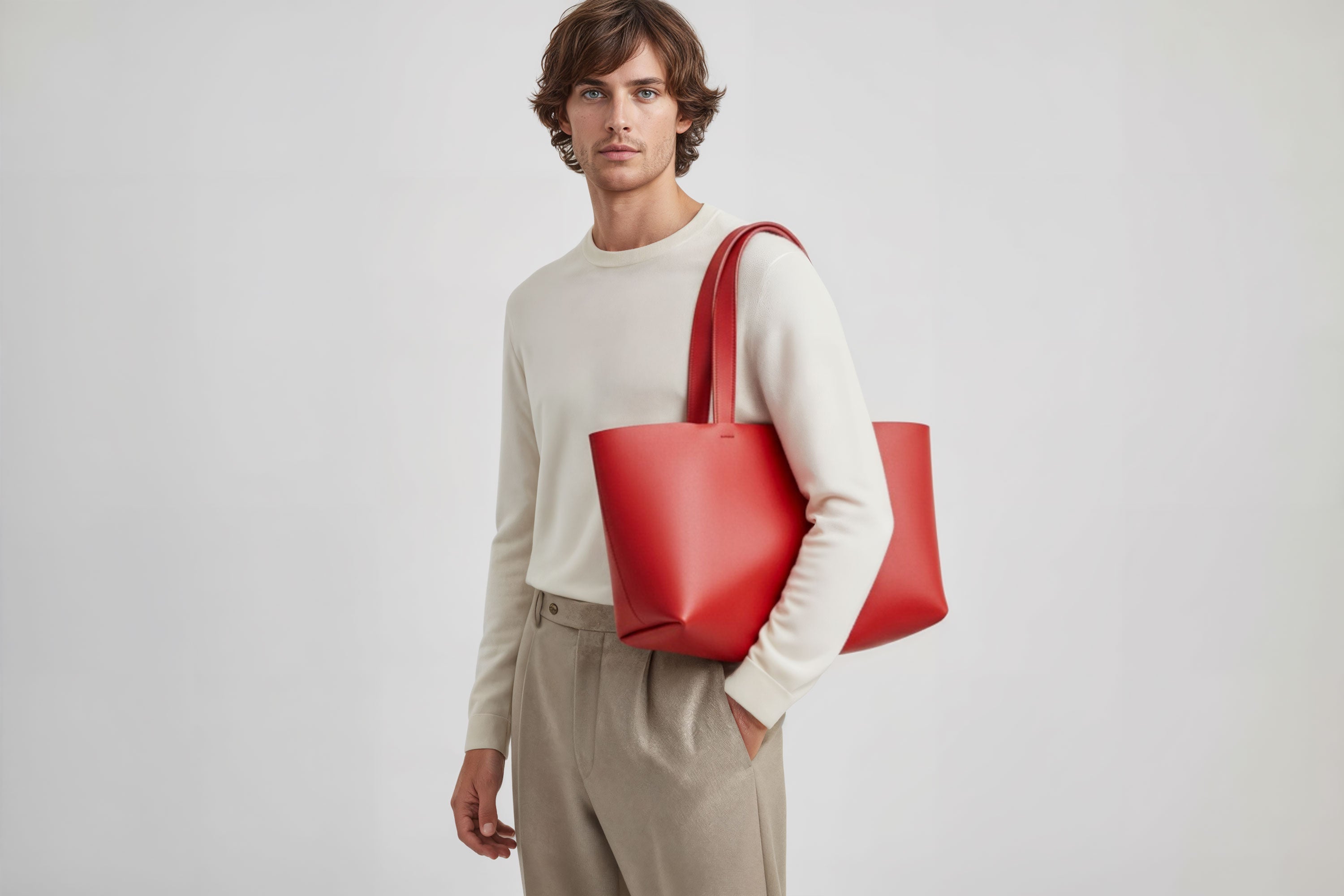 Karin Tote Bag Red Color On a Man Model Vegetable Tanned Leather Vachetta Minimalistic Design Premium Atelier Madre Manuel Dreesmann Barcelona Spain