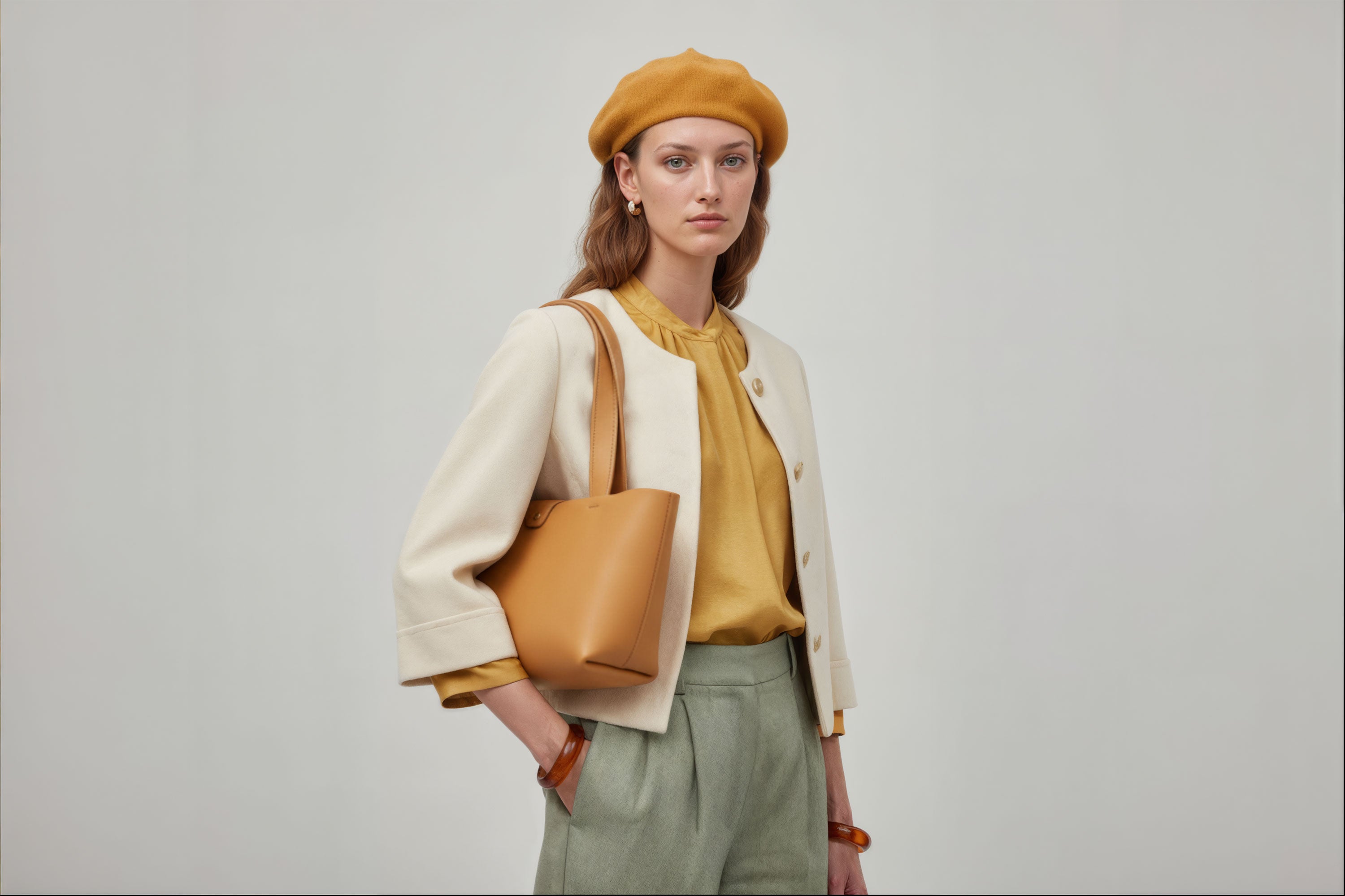 Karin Tote Bag Small Brown Color On A Woman Model Premium Leather Royal Blue Color Magnetic Closure Minimalist Design Atelier Madre Manuel Dreesmann Barcelona Spain