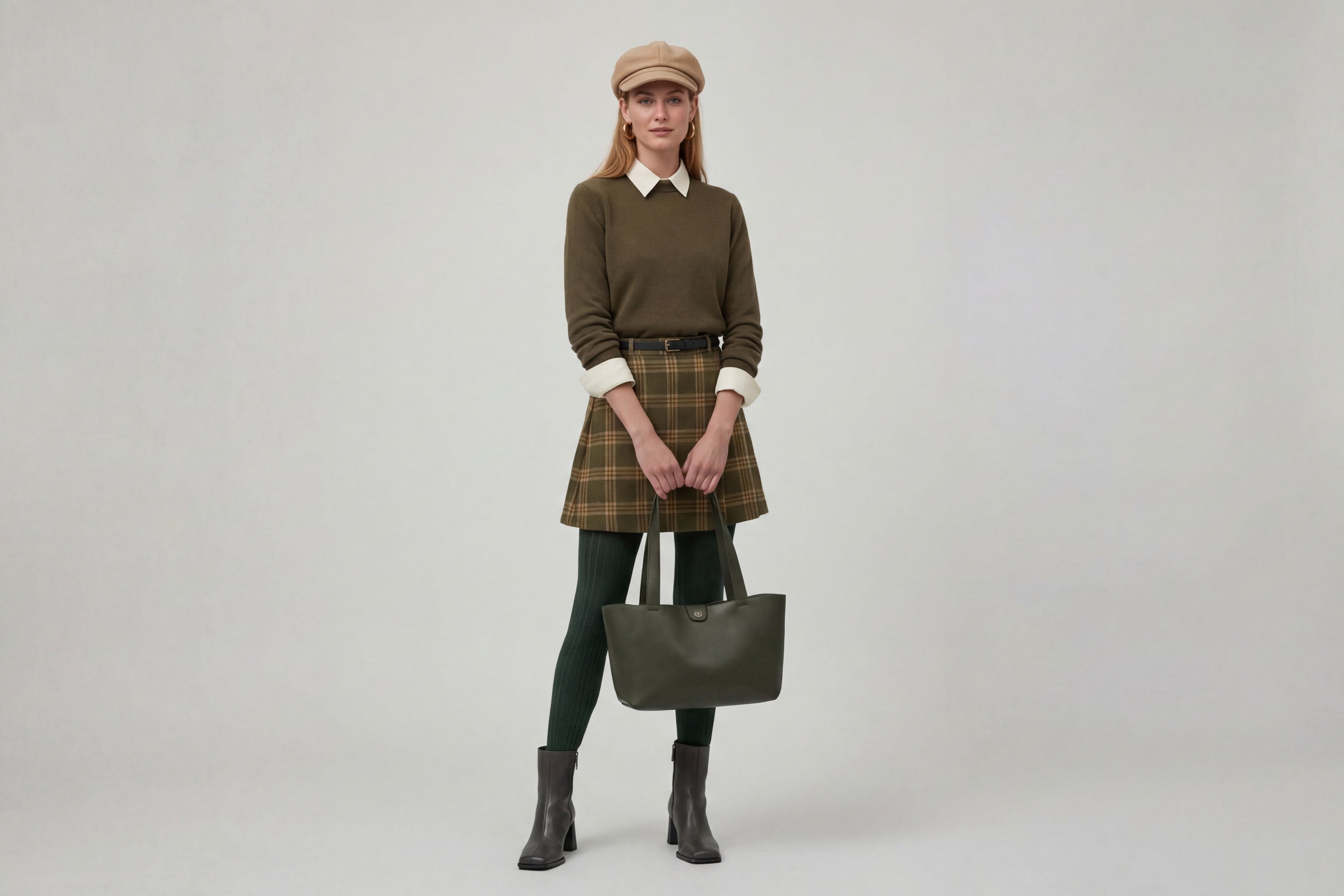 Karin Tote Bag Small Olive Green Color On A Woman Model Premium Leather Royal Blue Color Magnetic Closure Minimalist Design Atelier Madre Manuel Dreesmann Barcelona Spain