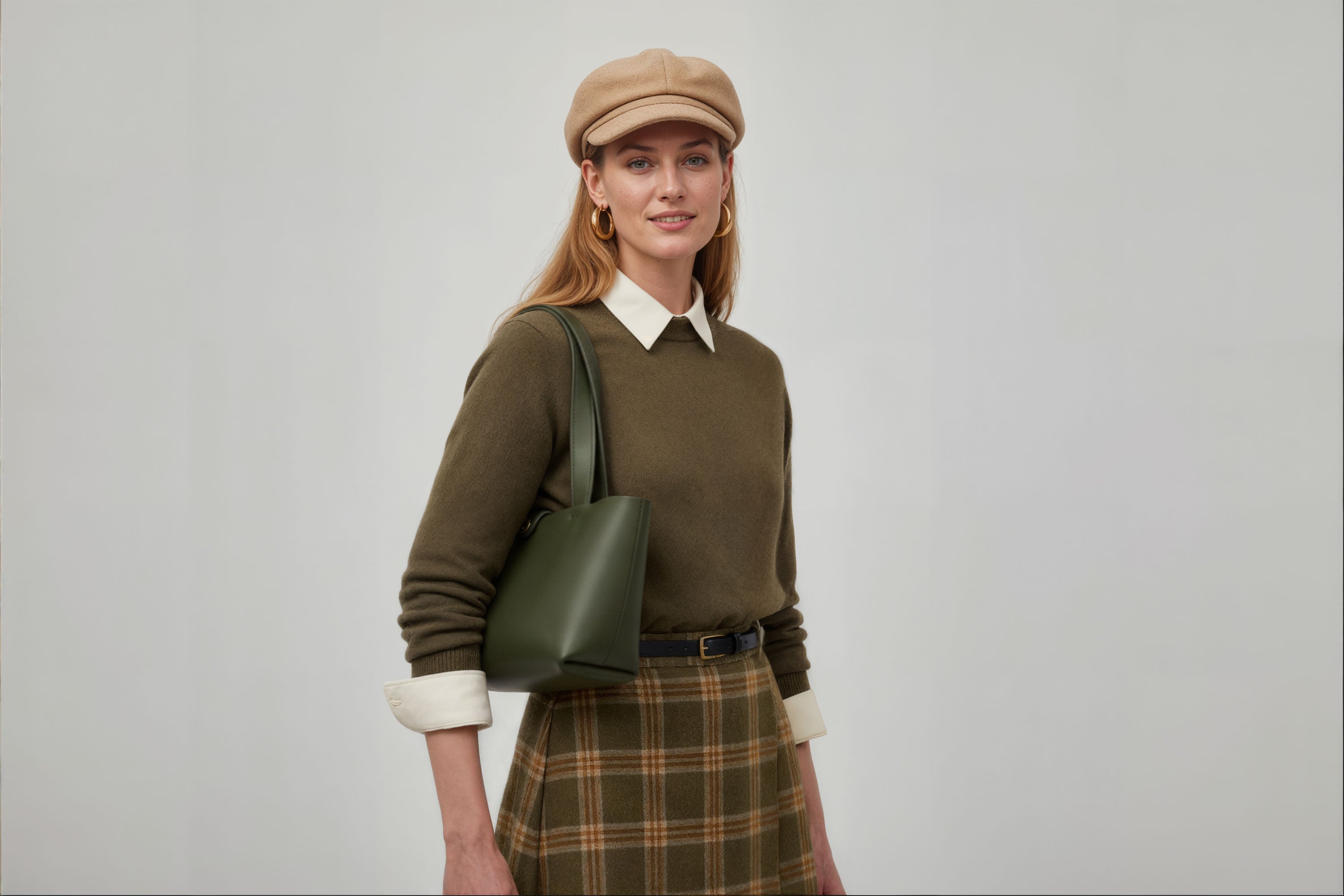 Karin Tote Bag Small Olive Green Color On A Woman Model Premium Leather Royal Blue Color Magnetic Closure Minimalist Design Atelier Madre Manuel Dreesmann Barcelona Spain