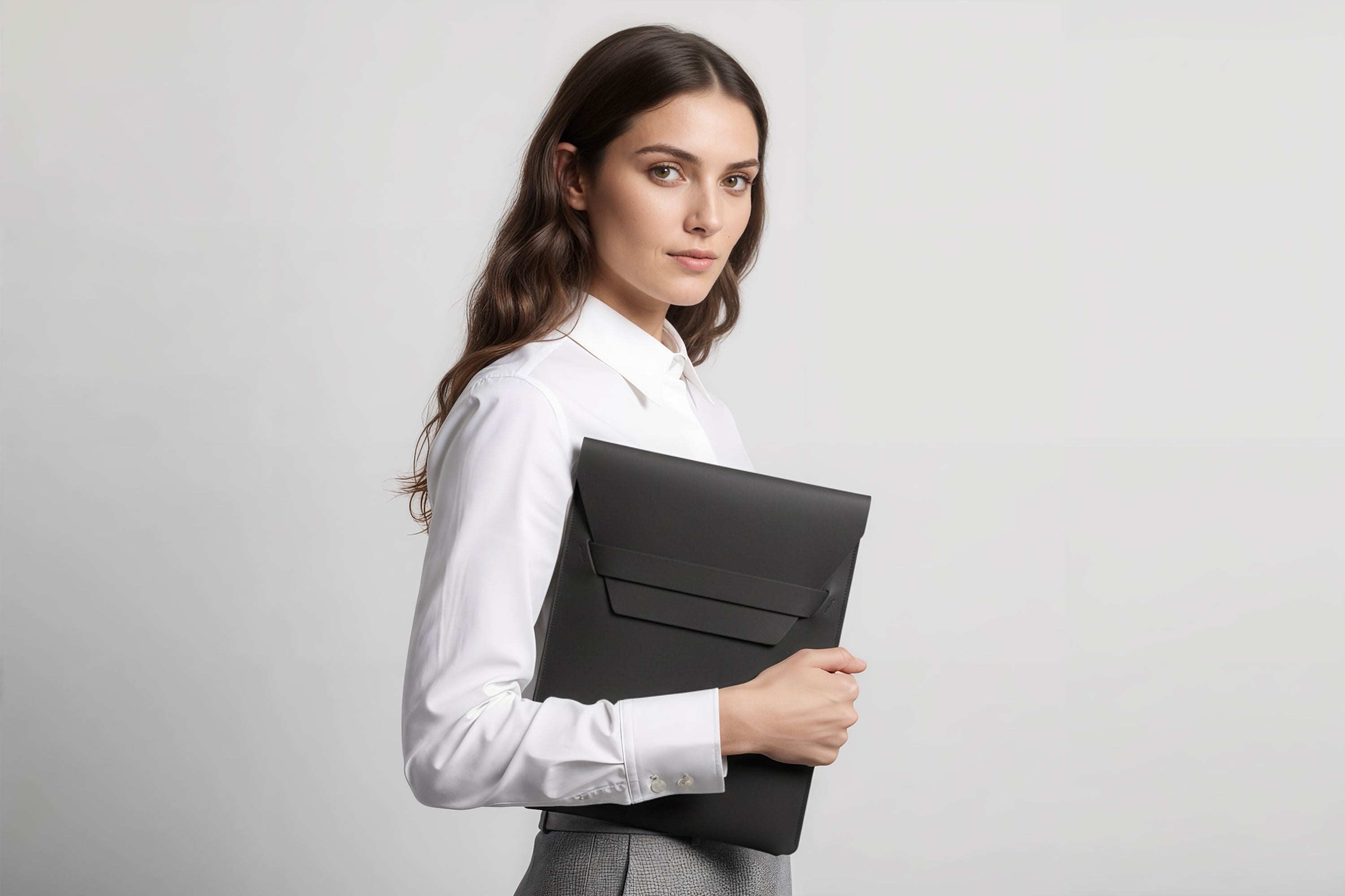Woman holding a leather sleeve for a MacBook in black color in front of bright background minimalistic design atelier Madre Manuel Dreesmann Barcelona Spain