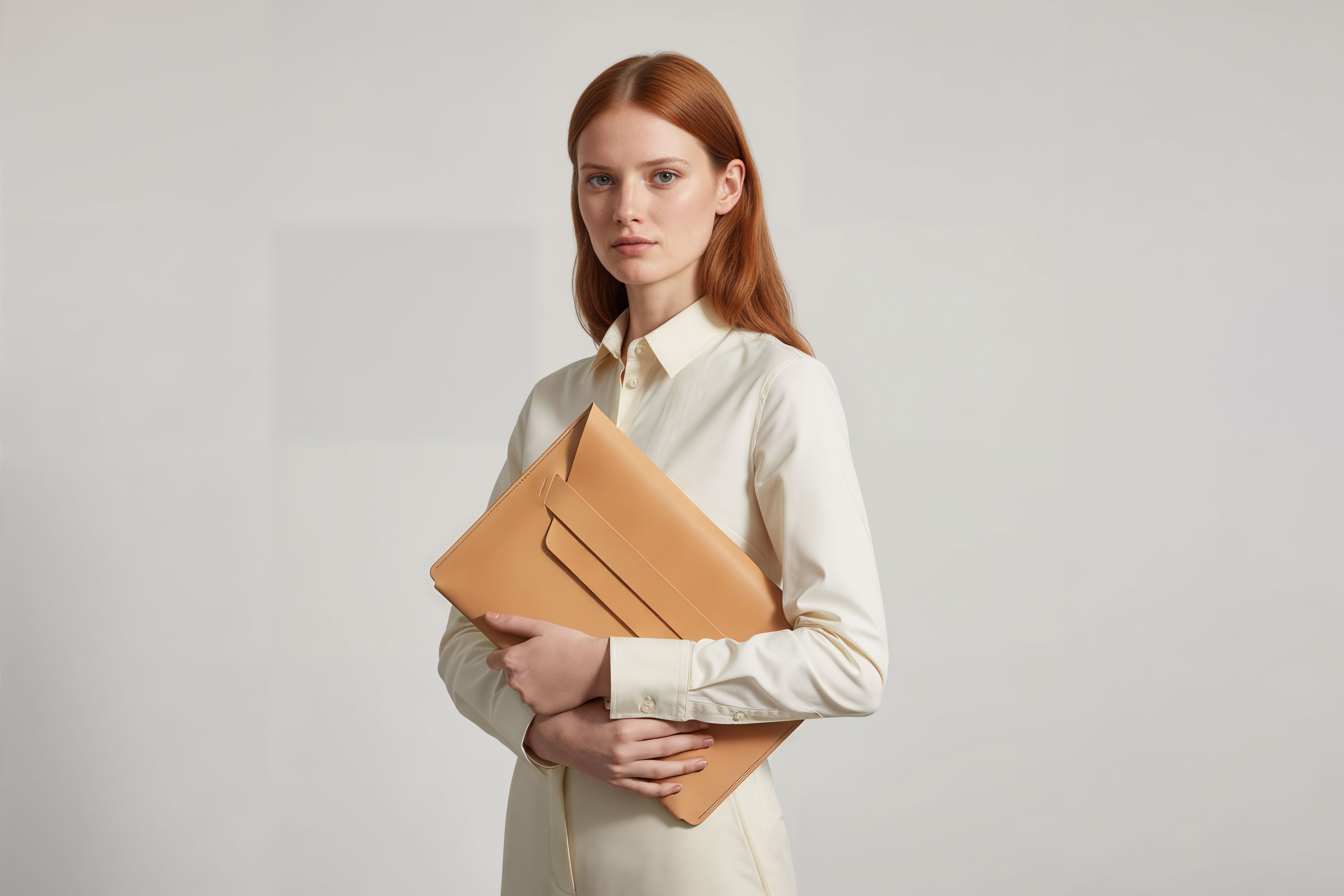 Woman holding a leather sleeve for a MacBook in brown color in front of bright background minimalistic design atelier Madre Manuel Dreesmann Barcelona Spain