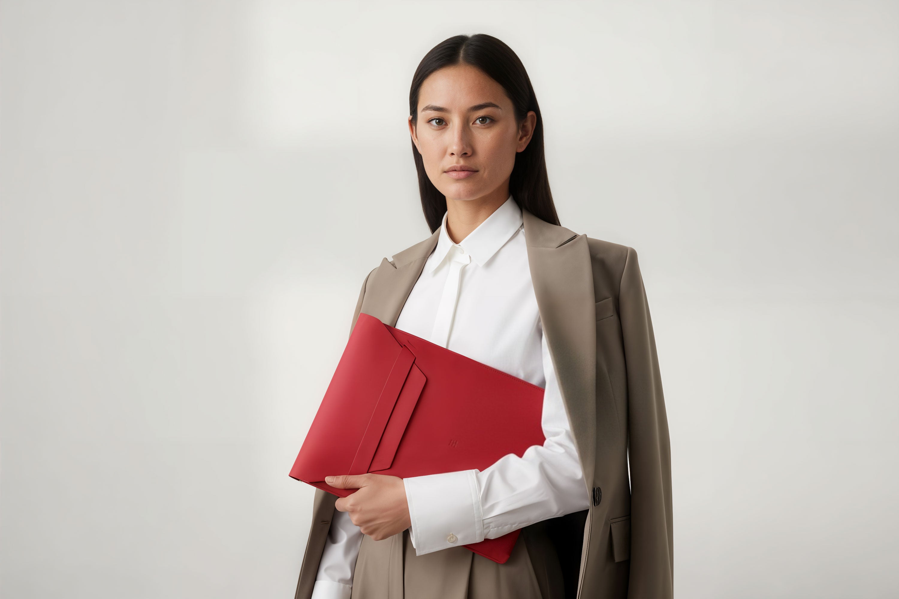 Woman holding a leather sleeve for a MacBook in red color in front of bright background minimalistic design atelier Madre Manuel Dreesmann Barcelona Spain