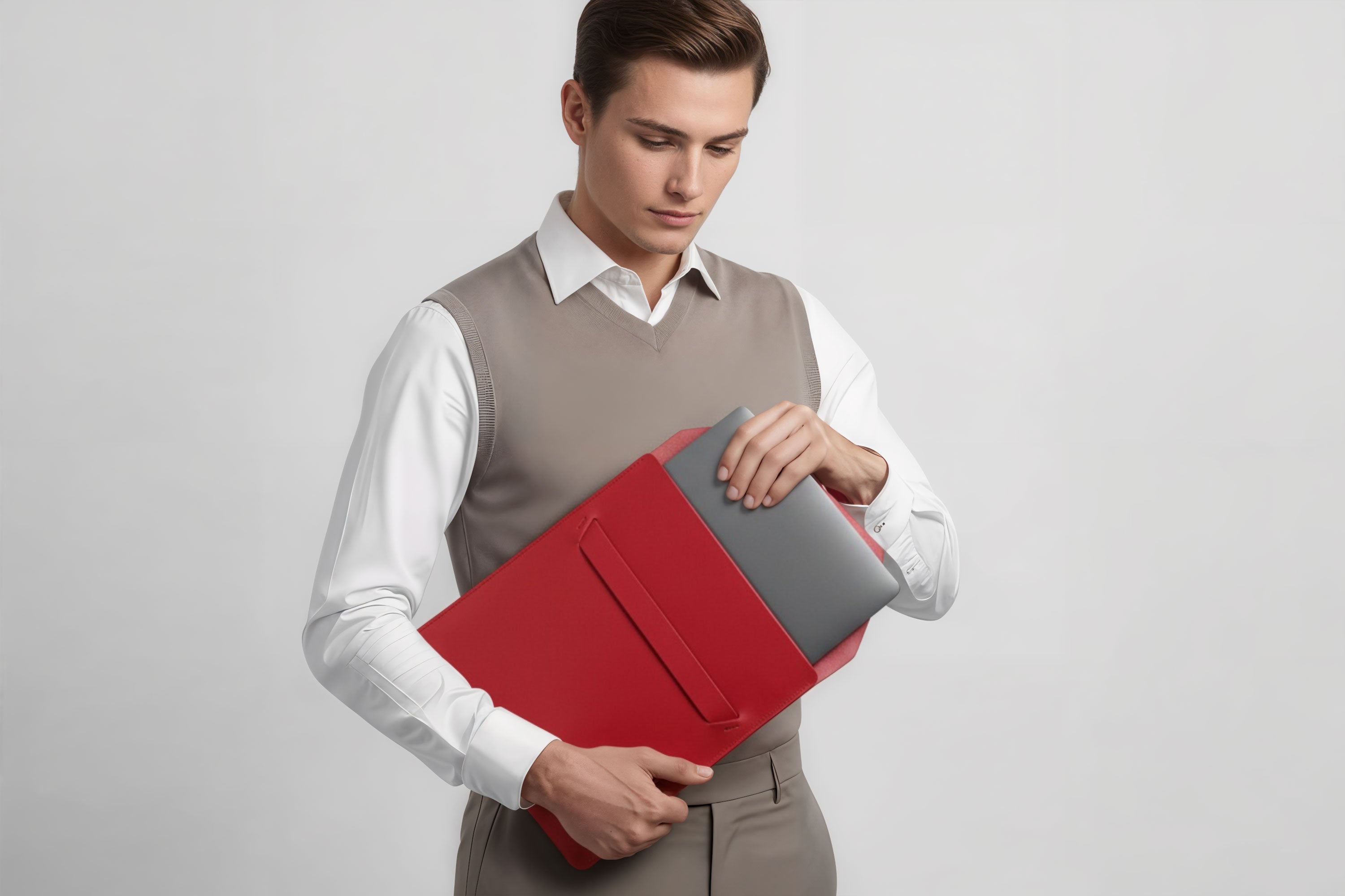 Man holding a leather sleeve for a MacBook in red color in front of bright background minimalistic design atelier Madre Manuel Dreesmann Barcelona Spain