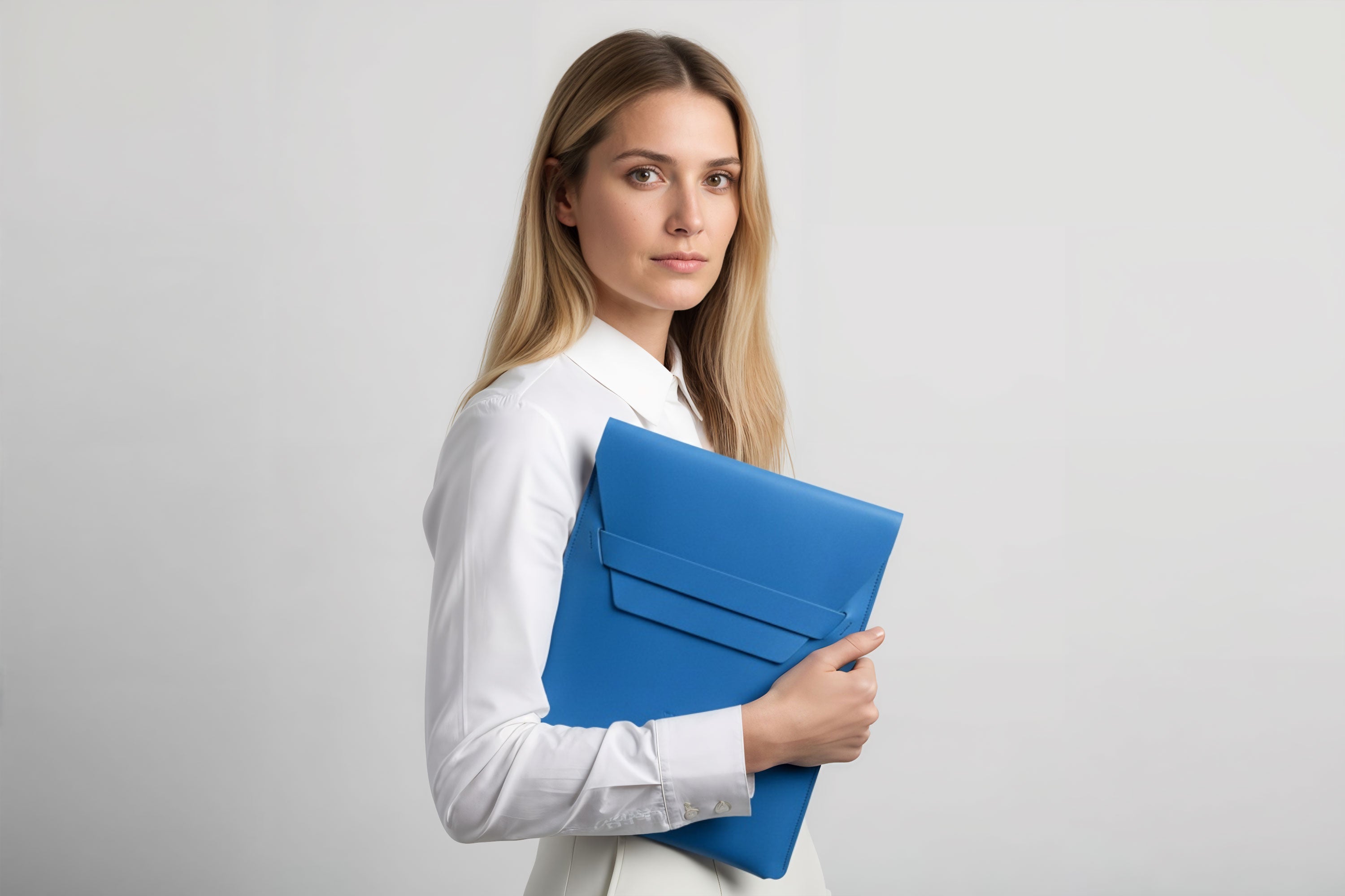 Woman holding a leather sleeve for a MacBook in royal blue color in front of bright background minimalistic design atelier Madre Manuel Dreesmann Barcelona Spain