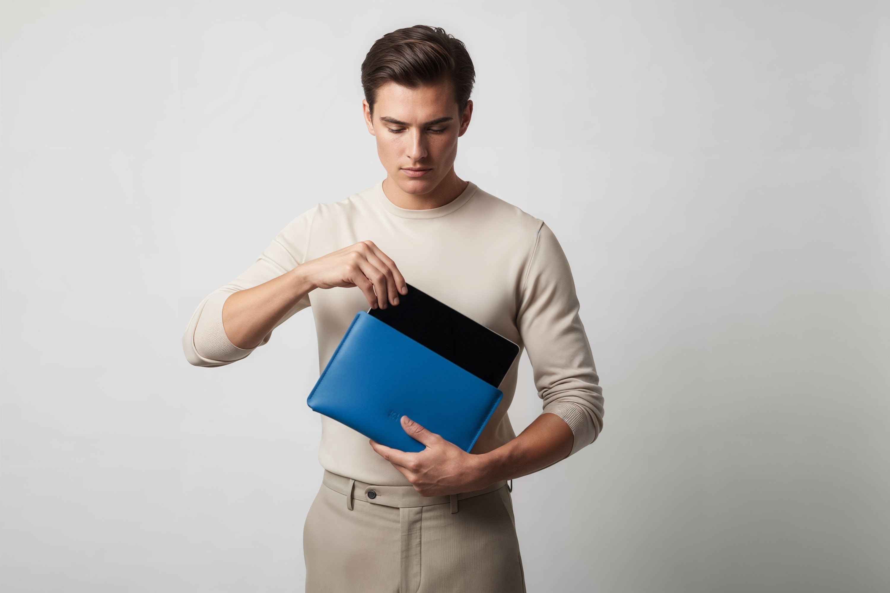 Leather Sleeve for iPad Leather Horizontal Royal Blue On Model Minimal Design Atelier Madre Manuel Dreesmann Barcelona