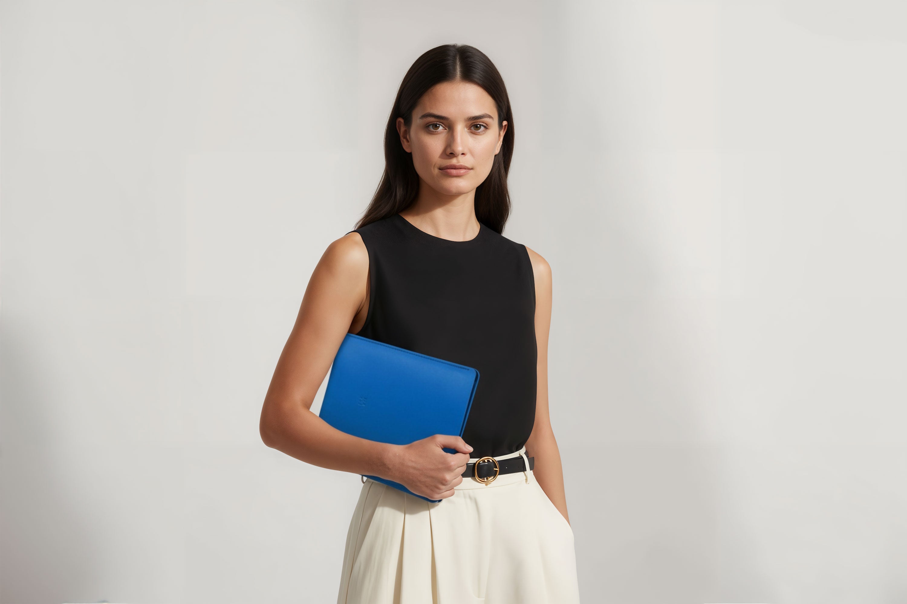 Leather Sleeve for iPad Leather Vertical Marine Blue On Model Minimal Design Atelier Madre Manuel Dreesmann Barcelona