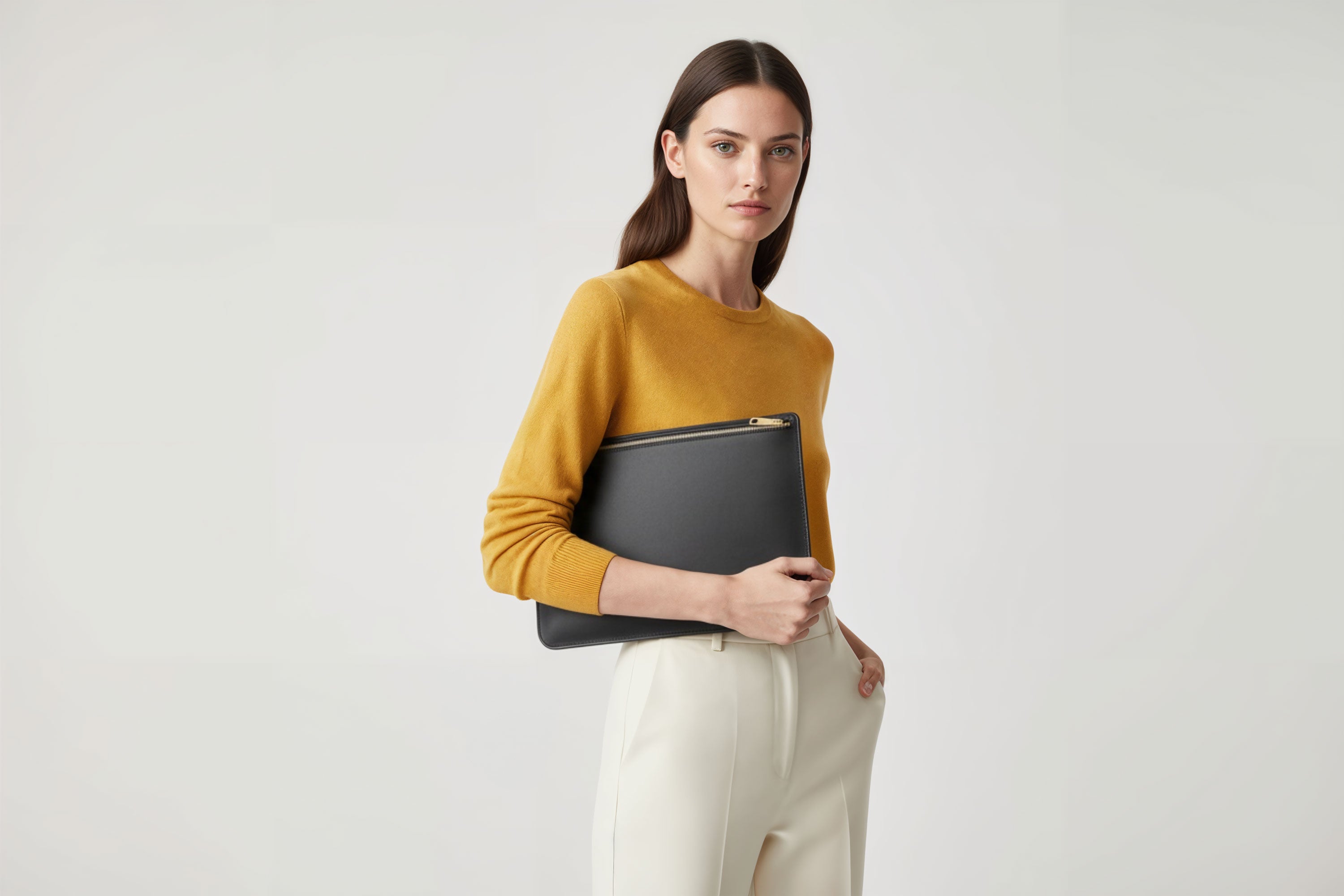 MacBook Sleeve Zipper Black Leather Horizontal On Model Grey Background Minimalistic Premium Design Atelier Madre Manuel Dreesmann Barcelona