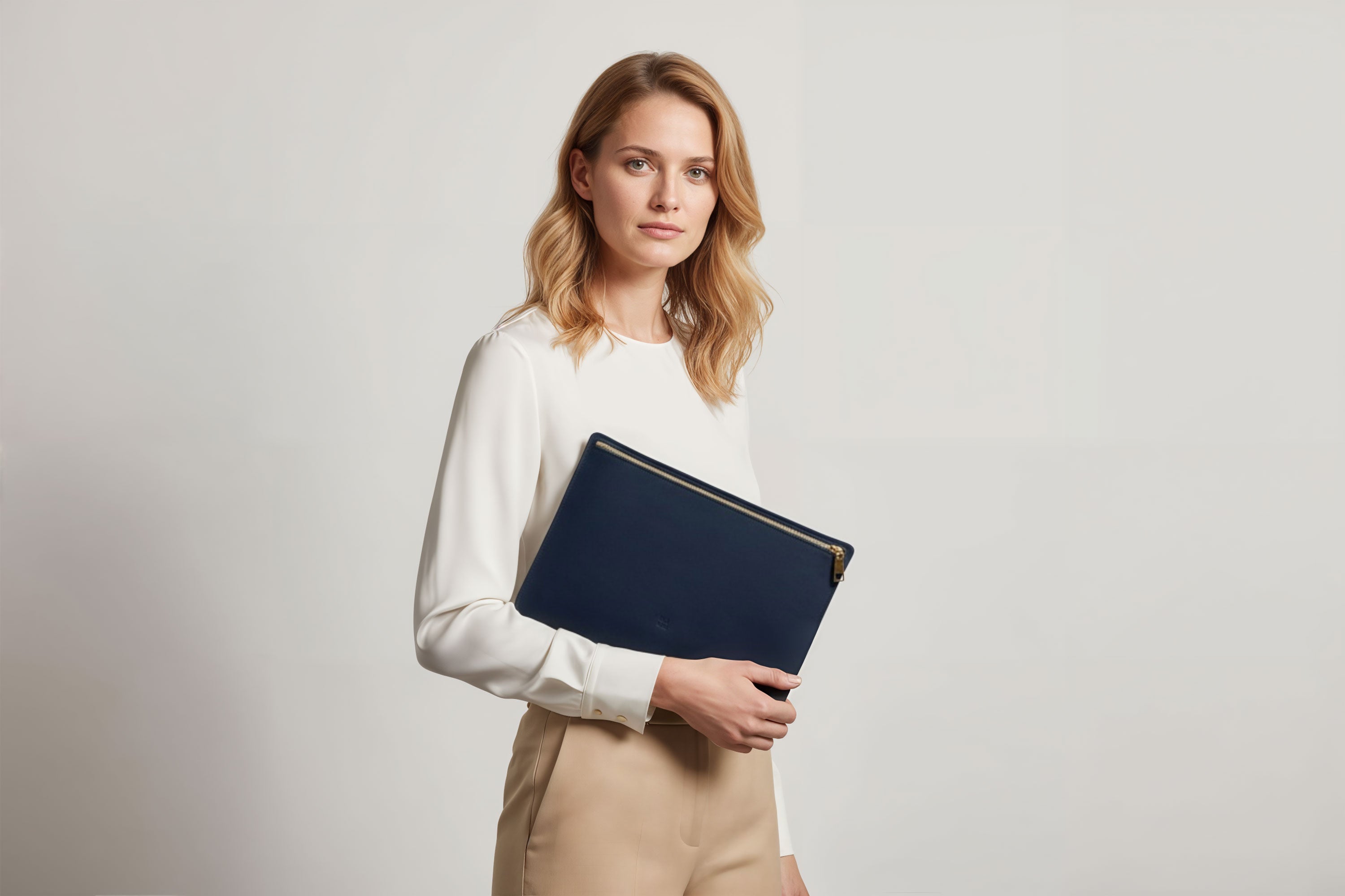 MacBook Sleeve Zipper Marine Blue Leather Horizontal On Model Grey Background Minimalistic Premium Design Atelier Madre Manuel Dreesmann Barcelona