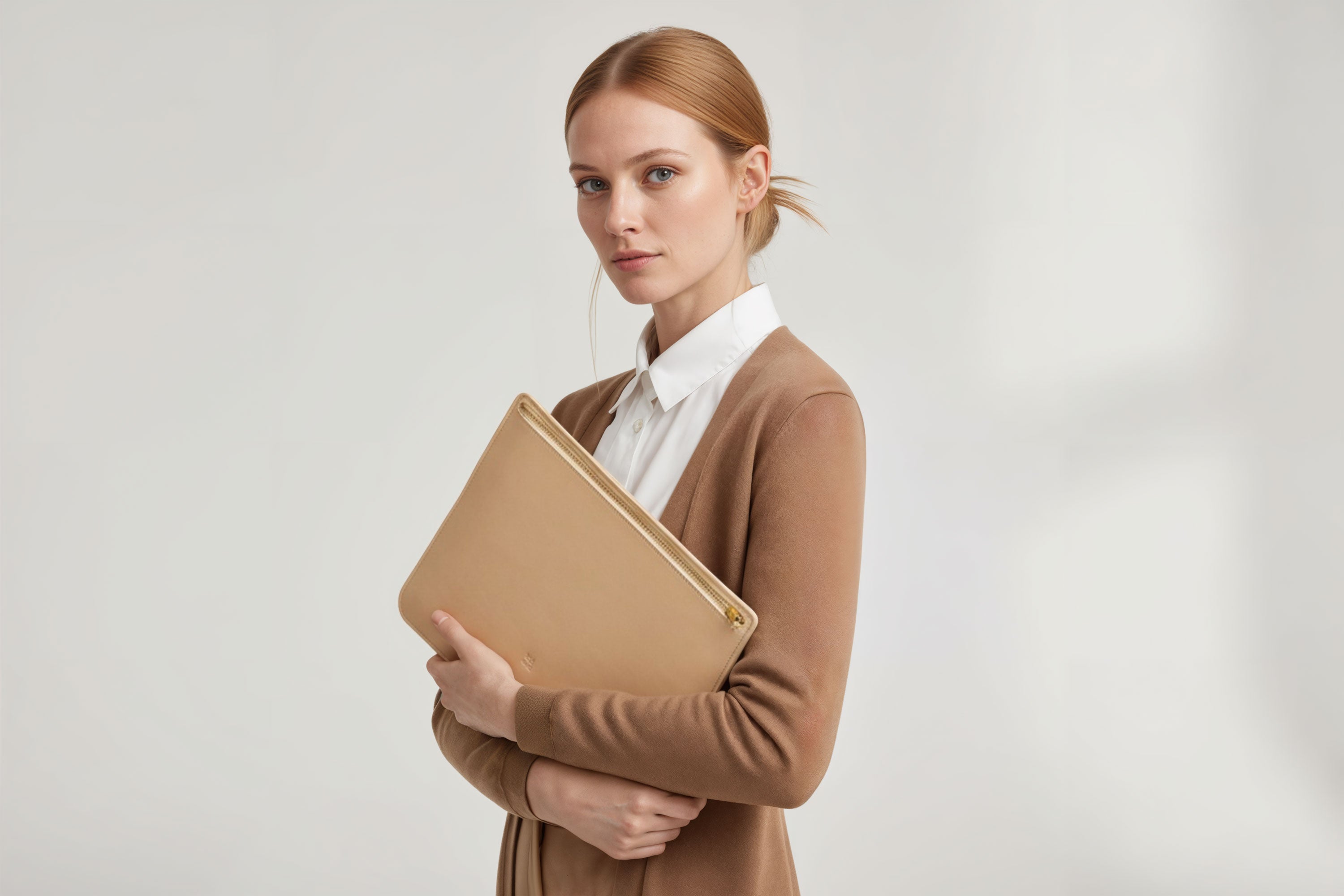 MacBook Sleeve Zipper Natural Leather Horizontal On Model Grey Background Minimalistic Premium Design Atelier Madre Manuel Dreesmann Barcelona
