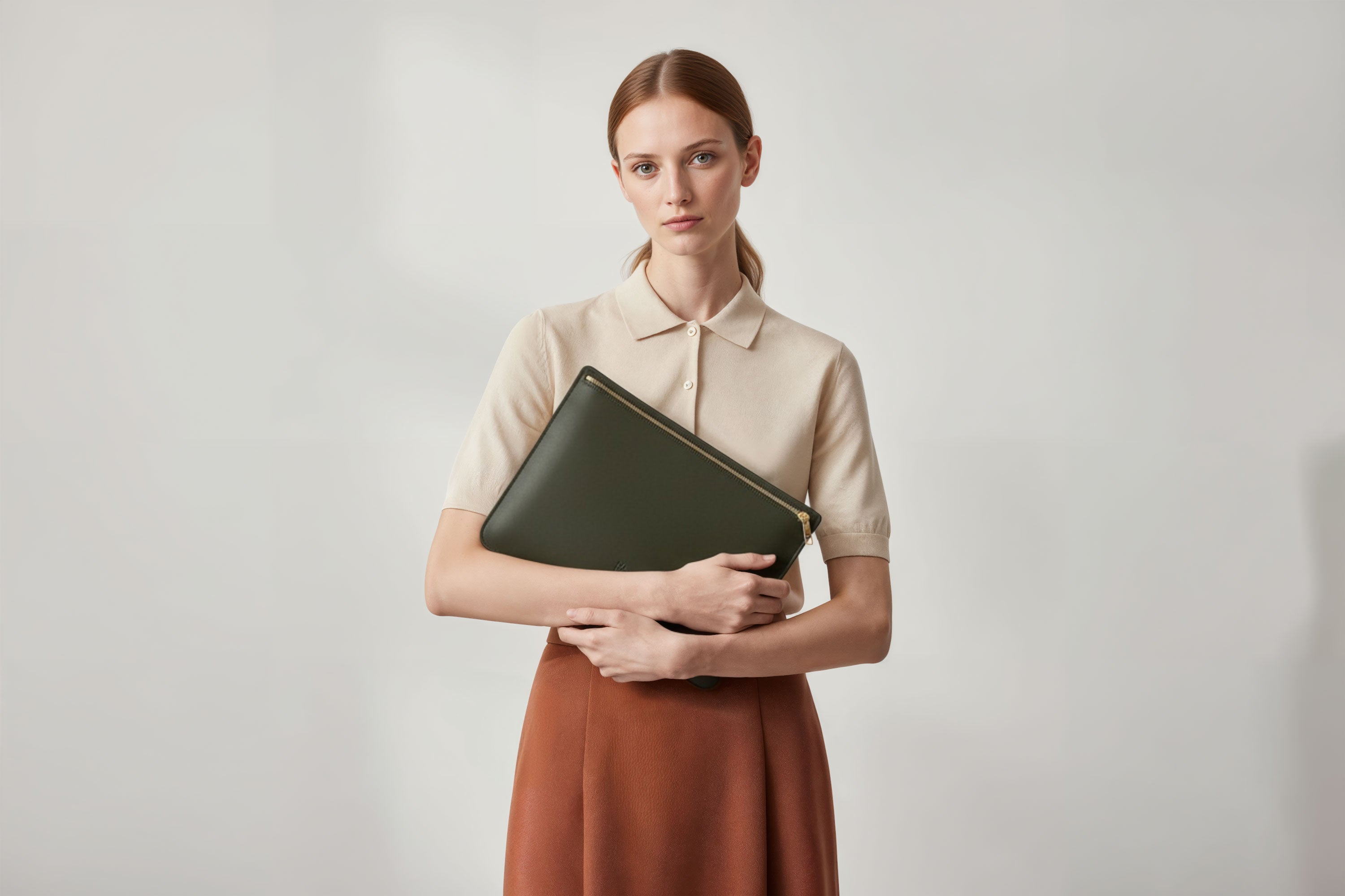 MacBook Sleeve Zipper Olive Green Leather Horizontal On Model Grey Background Minimalistic Premium Design Atelier Madre Manuel Dreesmann Barcelona