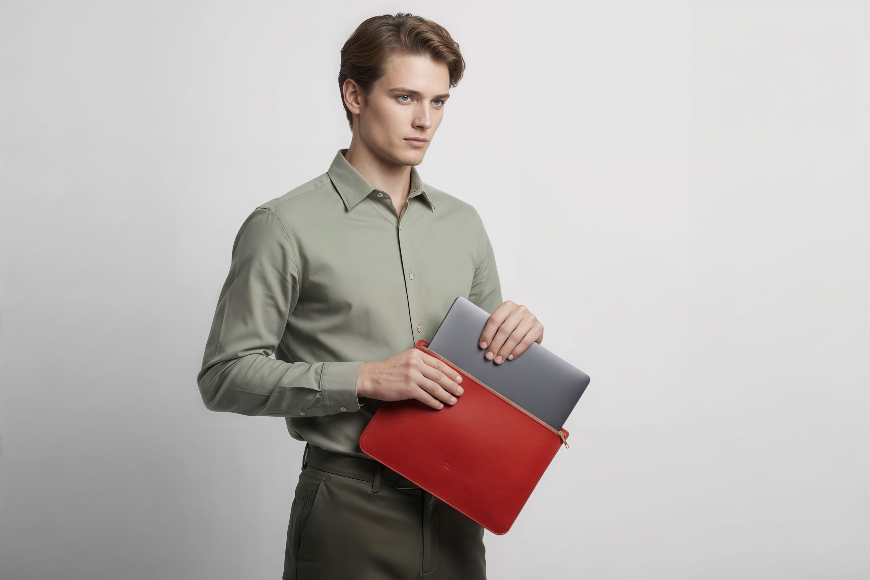 MacBook Sleeve Zipper Red Leather Horizontal On Model Grey Background Minimalistic Premium Design Atelier Madre Manuel Dreesmann Barcelona