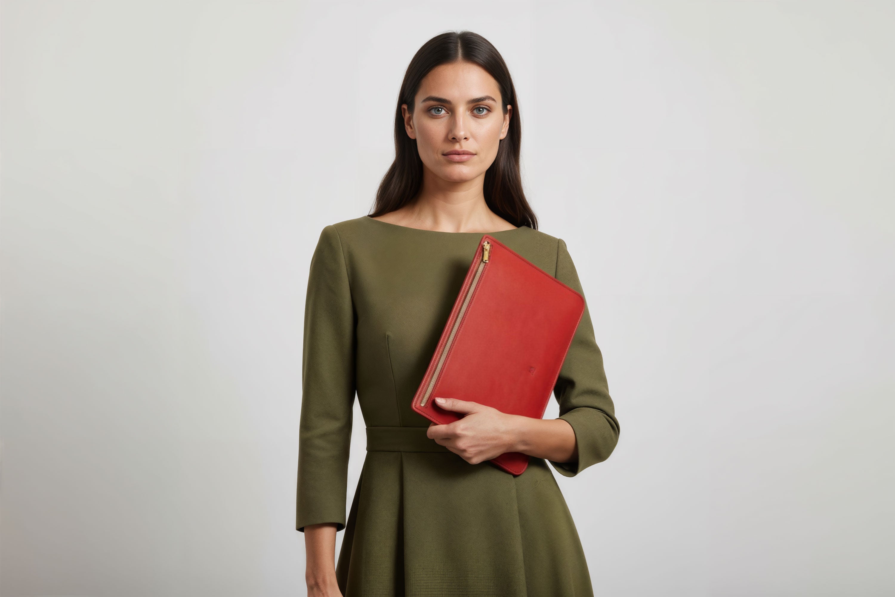 MacBook Sleeve Zipper Red Leather Horizontal On Model Grey Background Minimalistic Premium Design Atelier Madre Manuel Dreesmann Barcelona