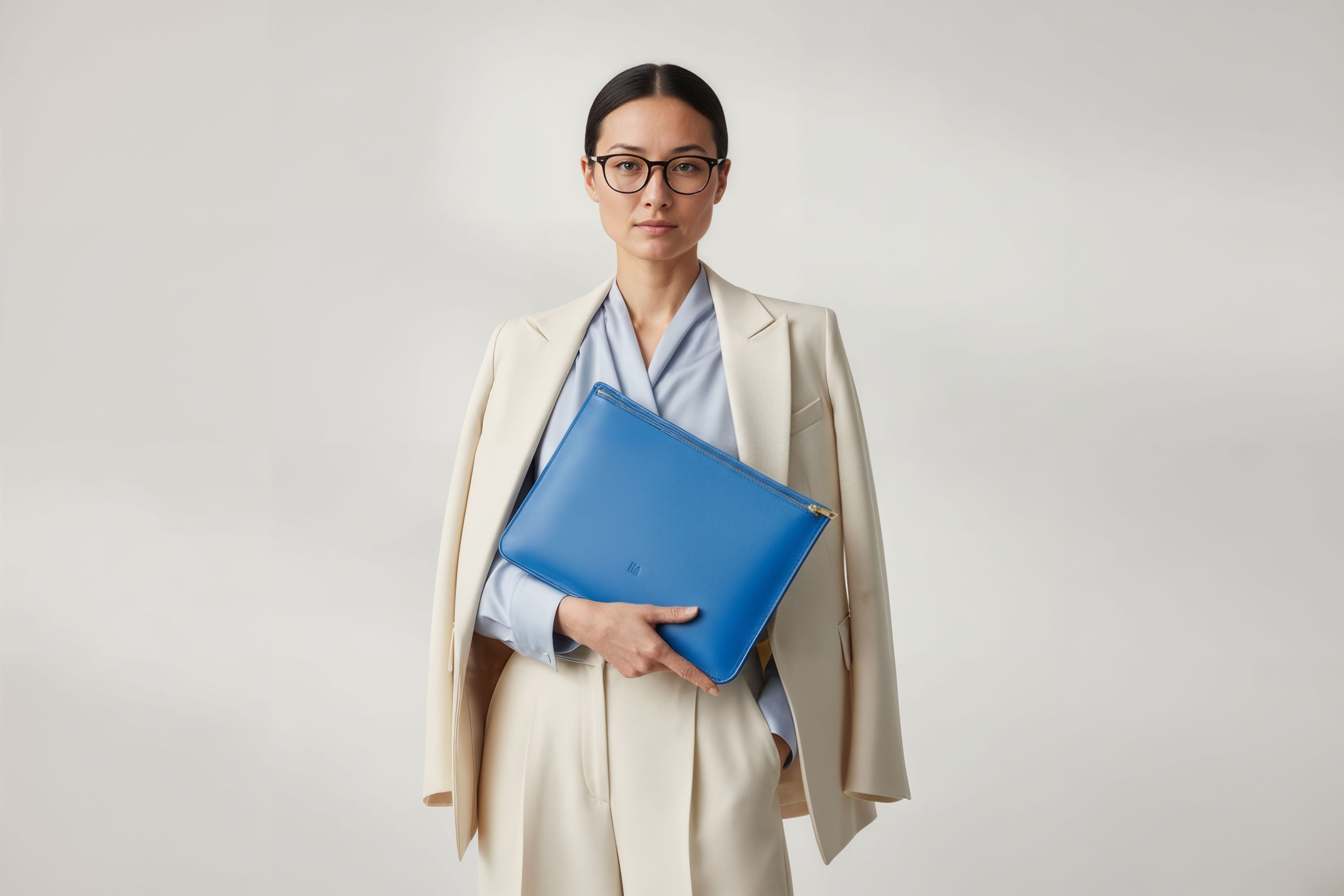 MacBook Sleeve Zipper Royal Blue Leather Horizontal On Model Grey Background Minimalistic Premium Design Atelier Madre Manuel Dreesmann Barcelona