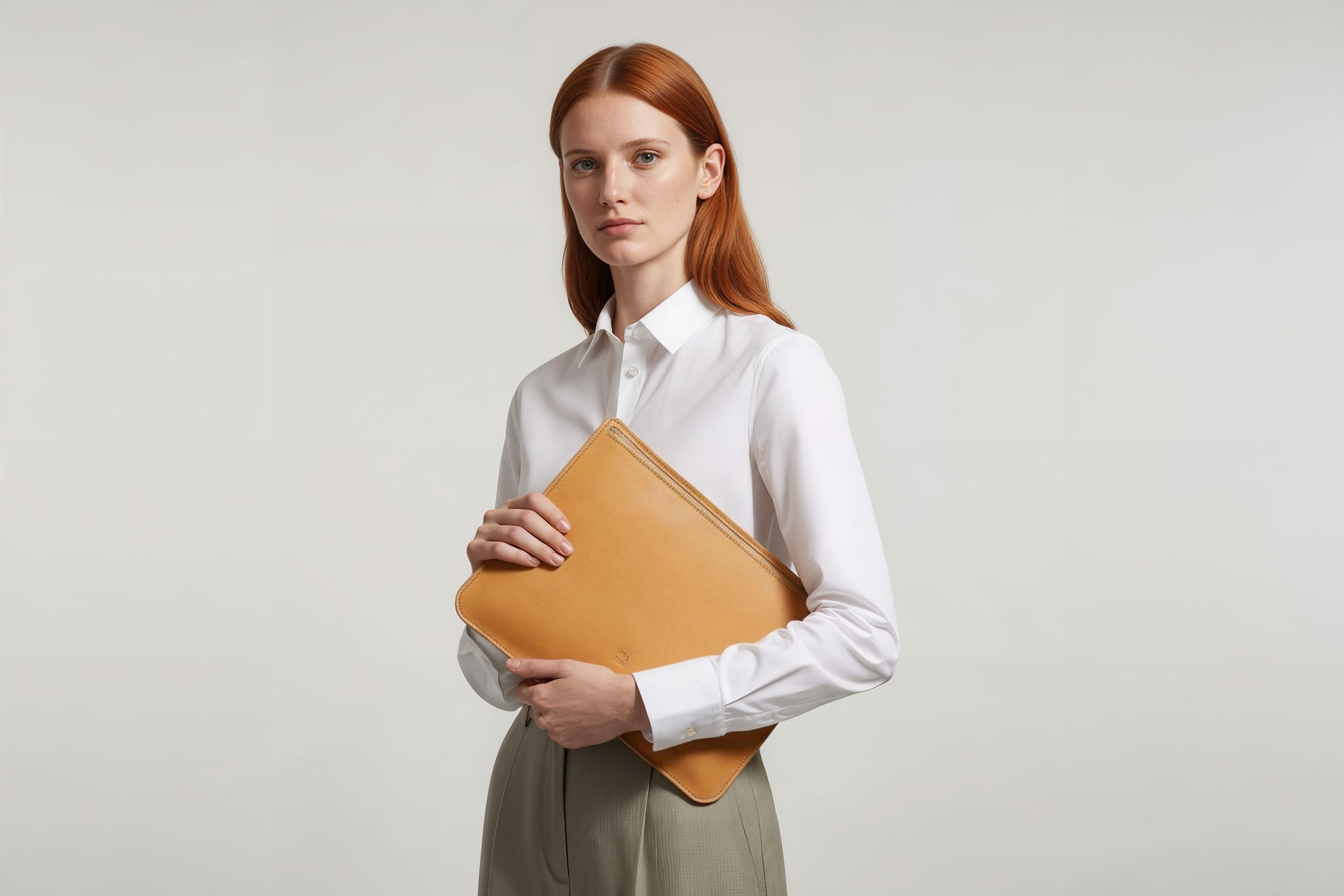 MacBook Sleeve Zipper Brown Leather Horizontal On Model Grey Background Minimalistic Premium Design Atelier Madre Manuel Dreesmann Barcelona