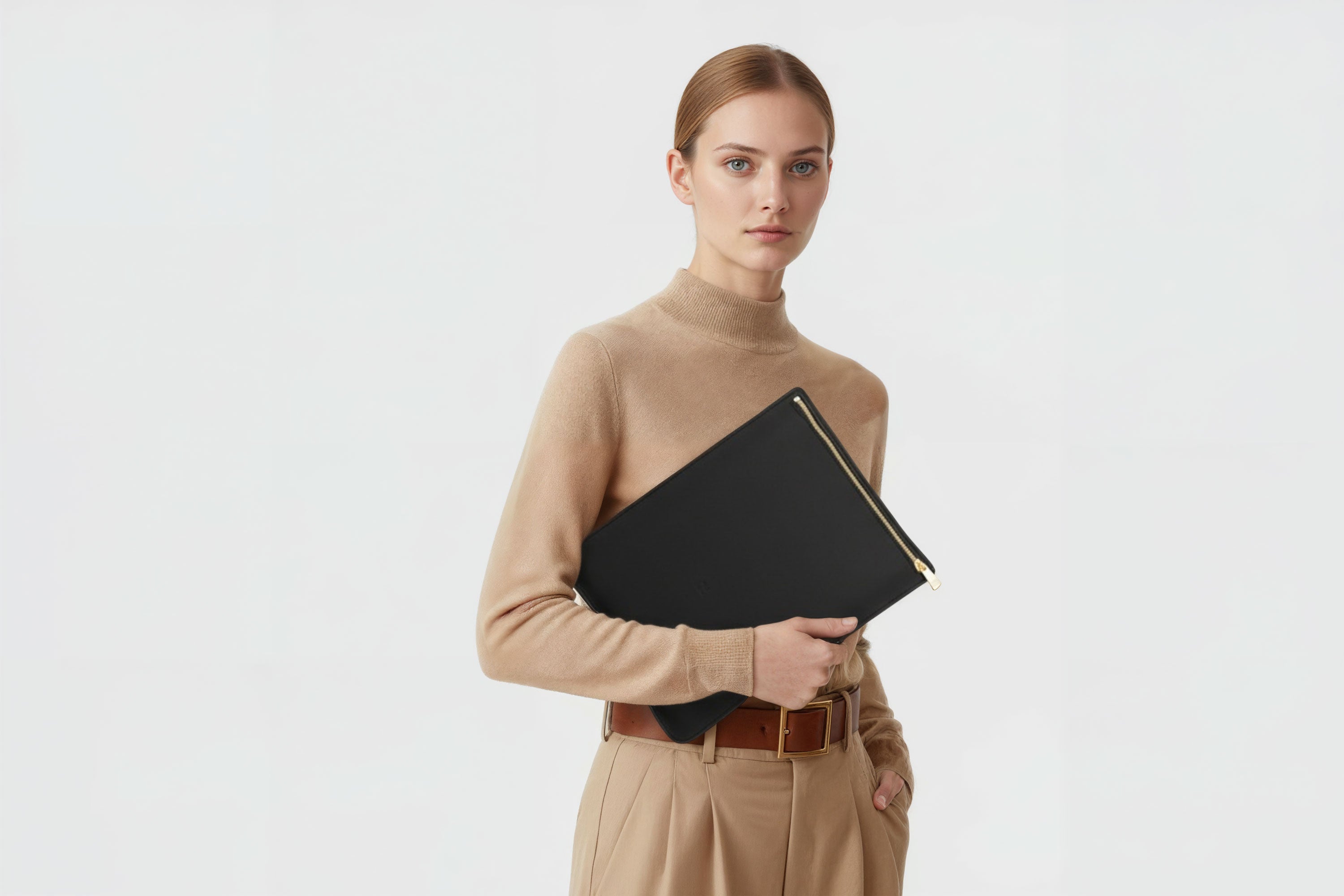 MacBook Sleeve Zipper Black Leather Vertical On Woman Model Grey Background Minimalistic Premium Design Atelier Madre Manuel Dreesmann Barcelona