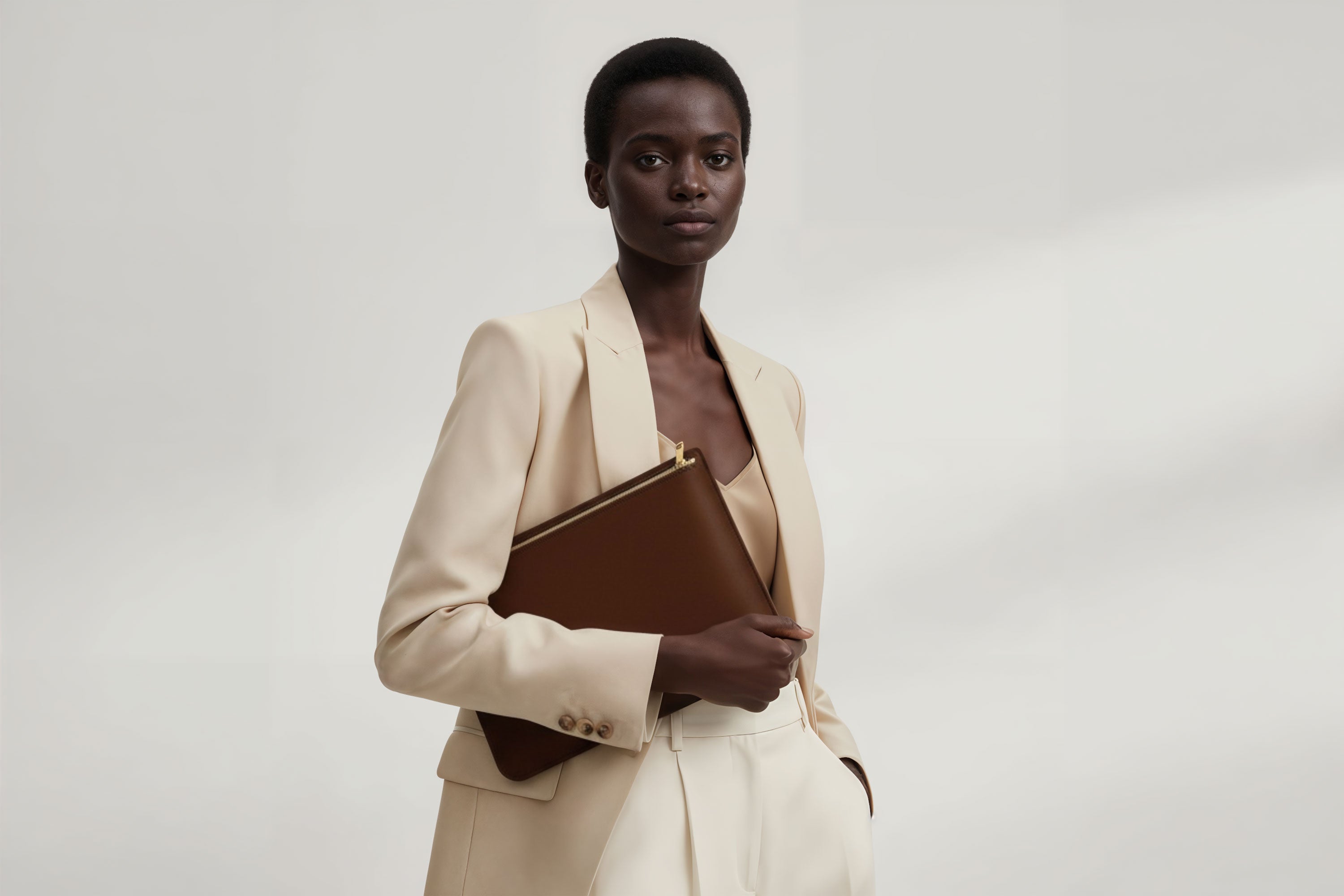 MacBook Sleeve Zipper Dark Brown Leather Horizontal On Model Grey Background Minimalistic Premium Design Atelier Madre Manuel Dreesmann Barcelona