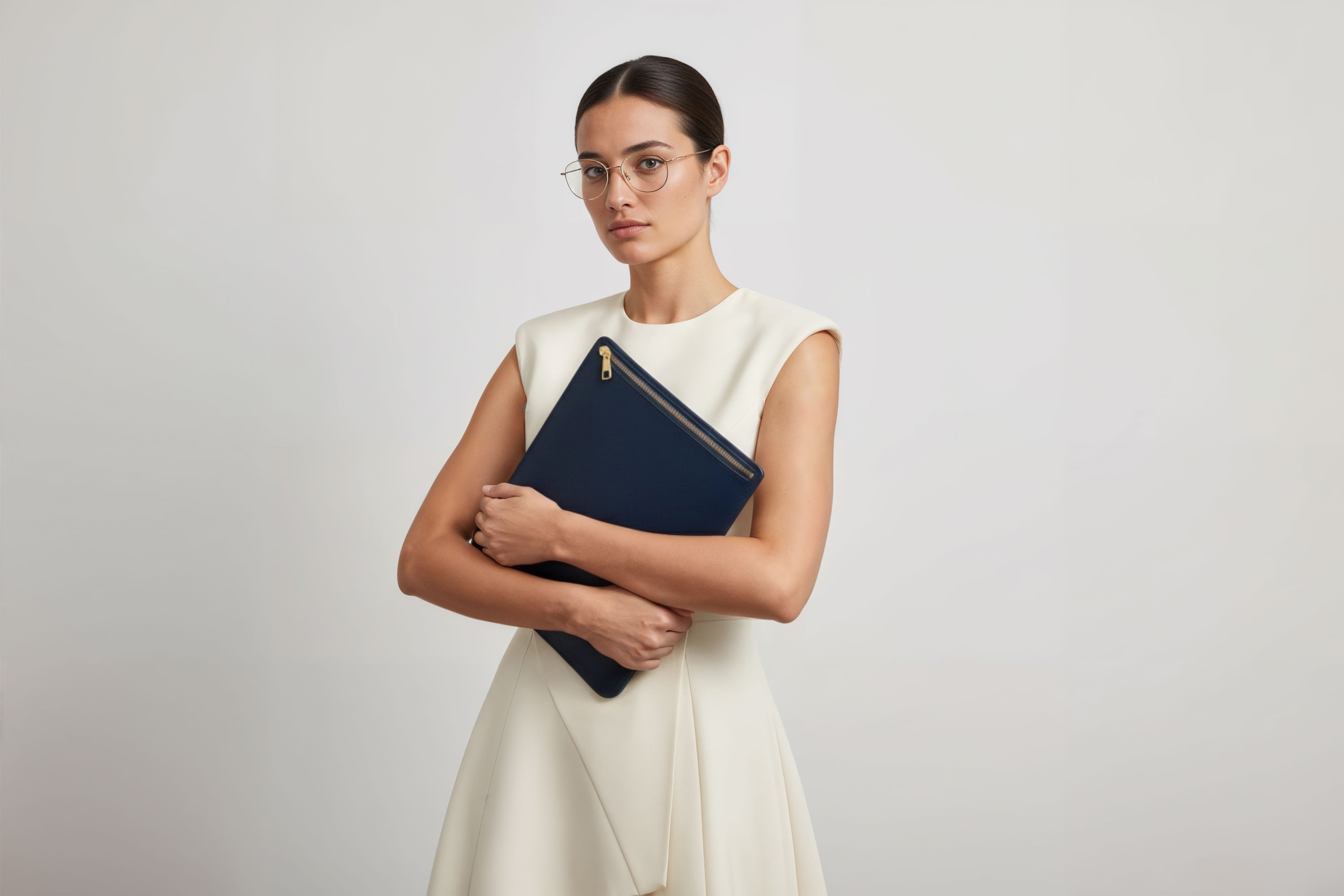 MacBook Sleeve Zipper Marine Blue Leather Vertical On Woman Model Grey Background Minimalistic Premium Design Atelier Madre Manuel Dreesmann Barcelona