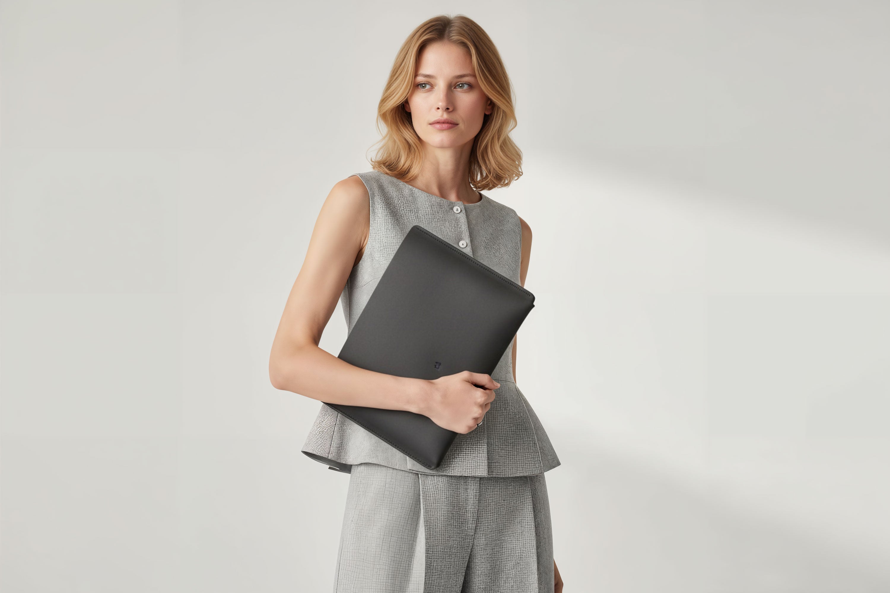 MacBook Slip Sleeve Black Horizontal On Model Grey Background Minimalistic Premium Design Atelier Madre Manuel Dreesmann Barcelona