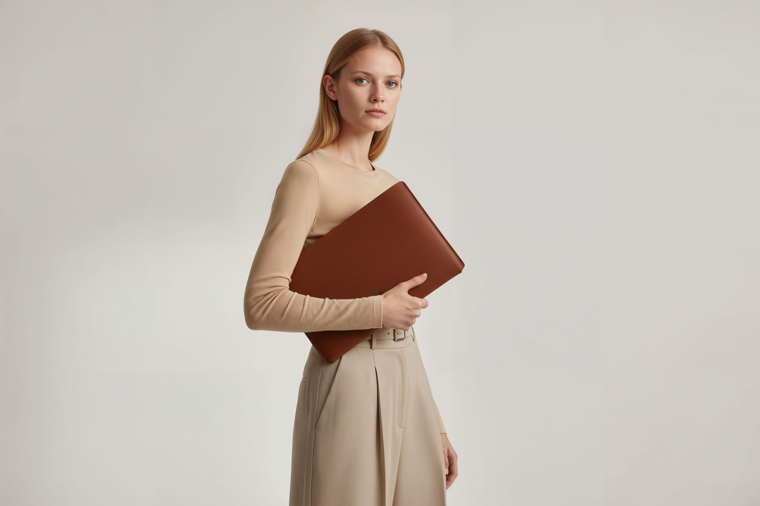 MacBook Slip Sleeve Dark Brown Leather Horizontal On Model Grey Background Minimalistic Premium Design Atelier Madre Manuel Dreesmann Barcelona
