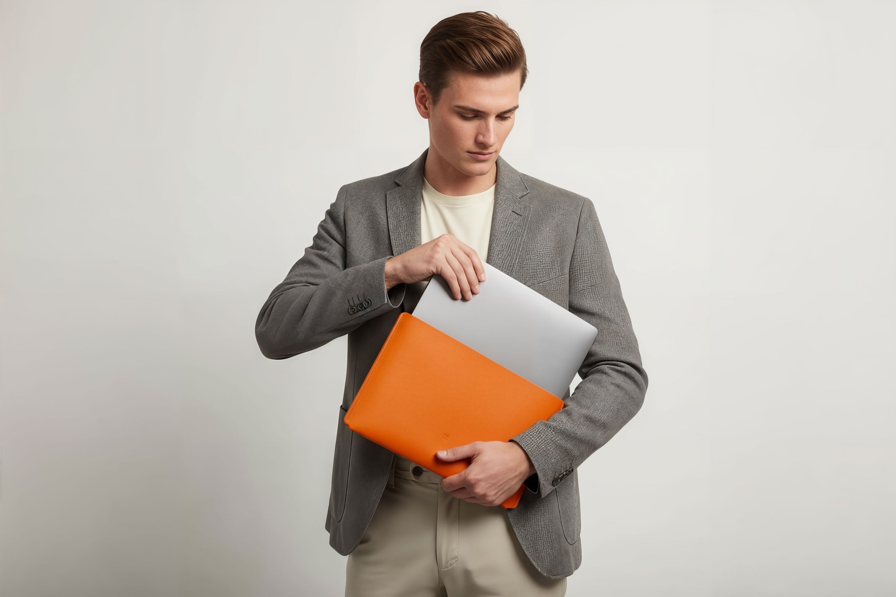 MacBook Slip Sleeve Orange Horizontal On Model Grey Background Minimalistic Premium Design Atelier Madre Manuel Dreesmann Barcelona