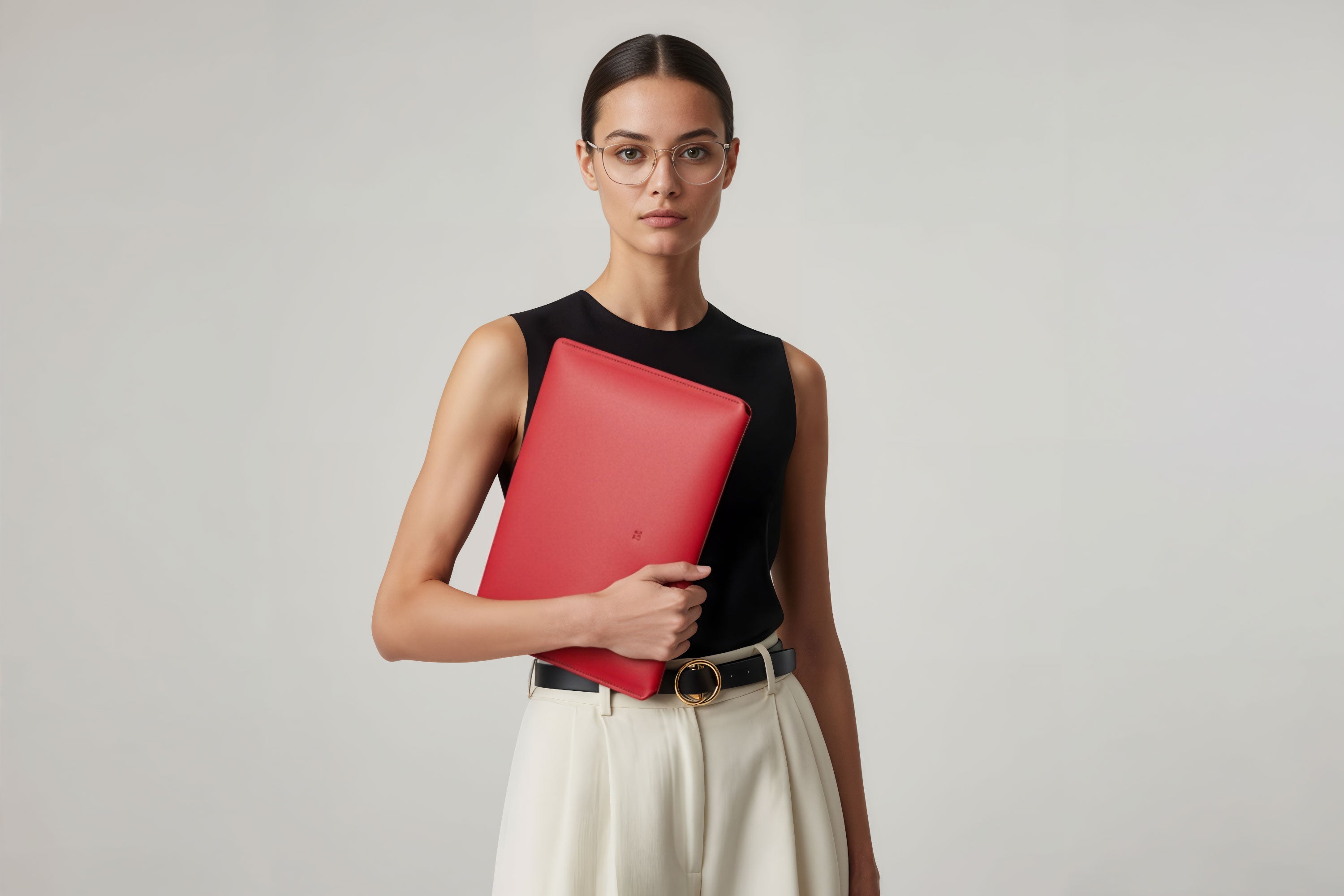 MacBook Slip Sleeve Red Horizontal On Model Grey Background Minimalistic Premium Design Atelier Madre Manuel Dreesmann Barcelona