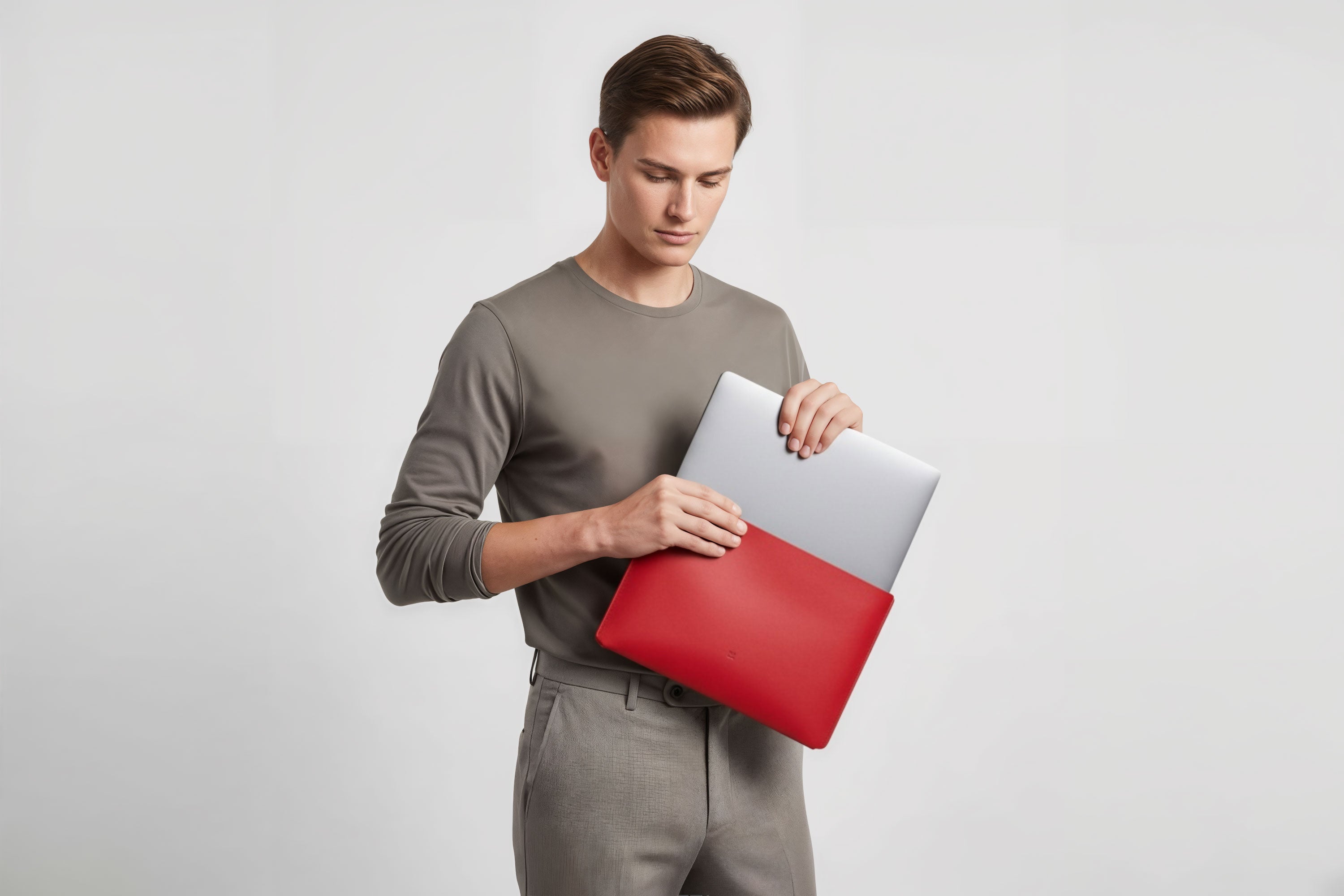 MacBook Slip Sleeve Red Horizontal On Model Grey Background Minimalistic Premium Design Atelier Madre Manuel Dreesmann Barcelona