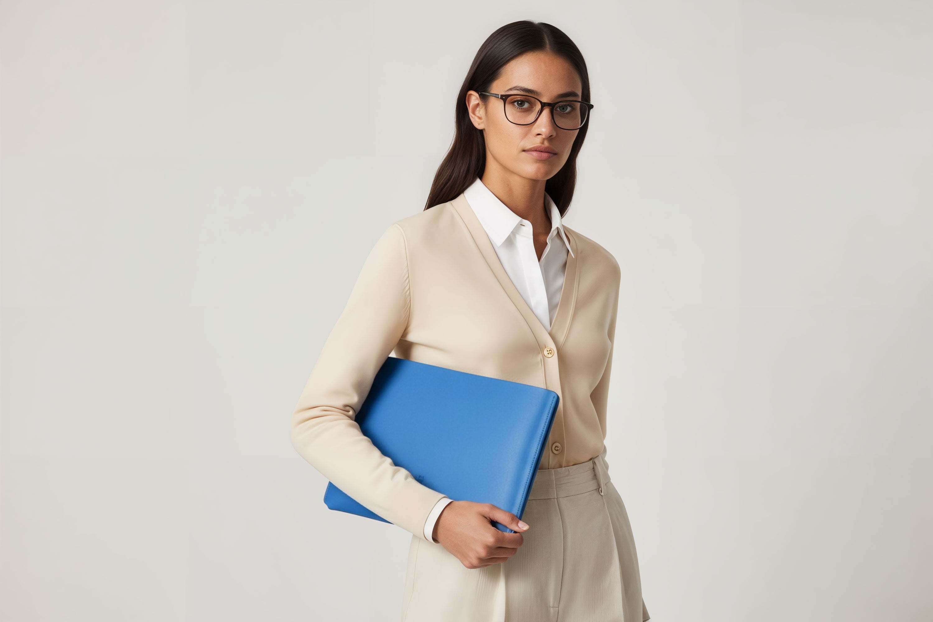 MacBook Slip Sleeve Royal Blue Horizontal On Model Grey Background Minimalistic Premium Design Atelier Madre Manuel Dreesmann Barcelona