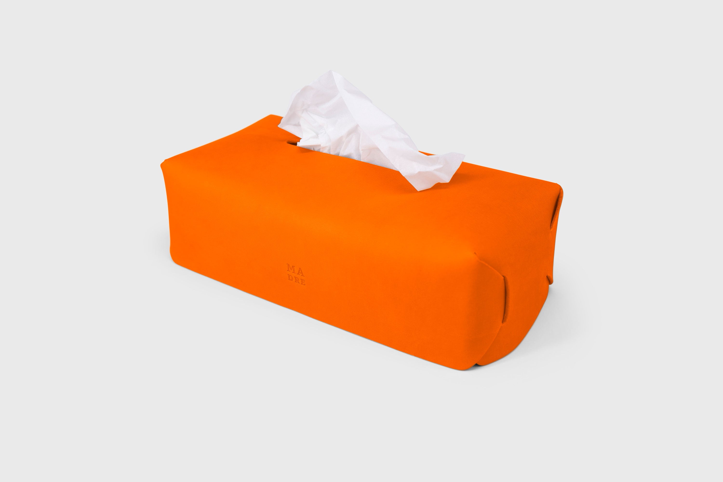 Tissue Box Cover Leather Orange Handmade Premium Design Minimalist Modern Atelier Madre Manuel Dreesmann Barcelona Spain