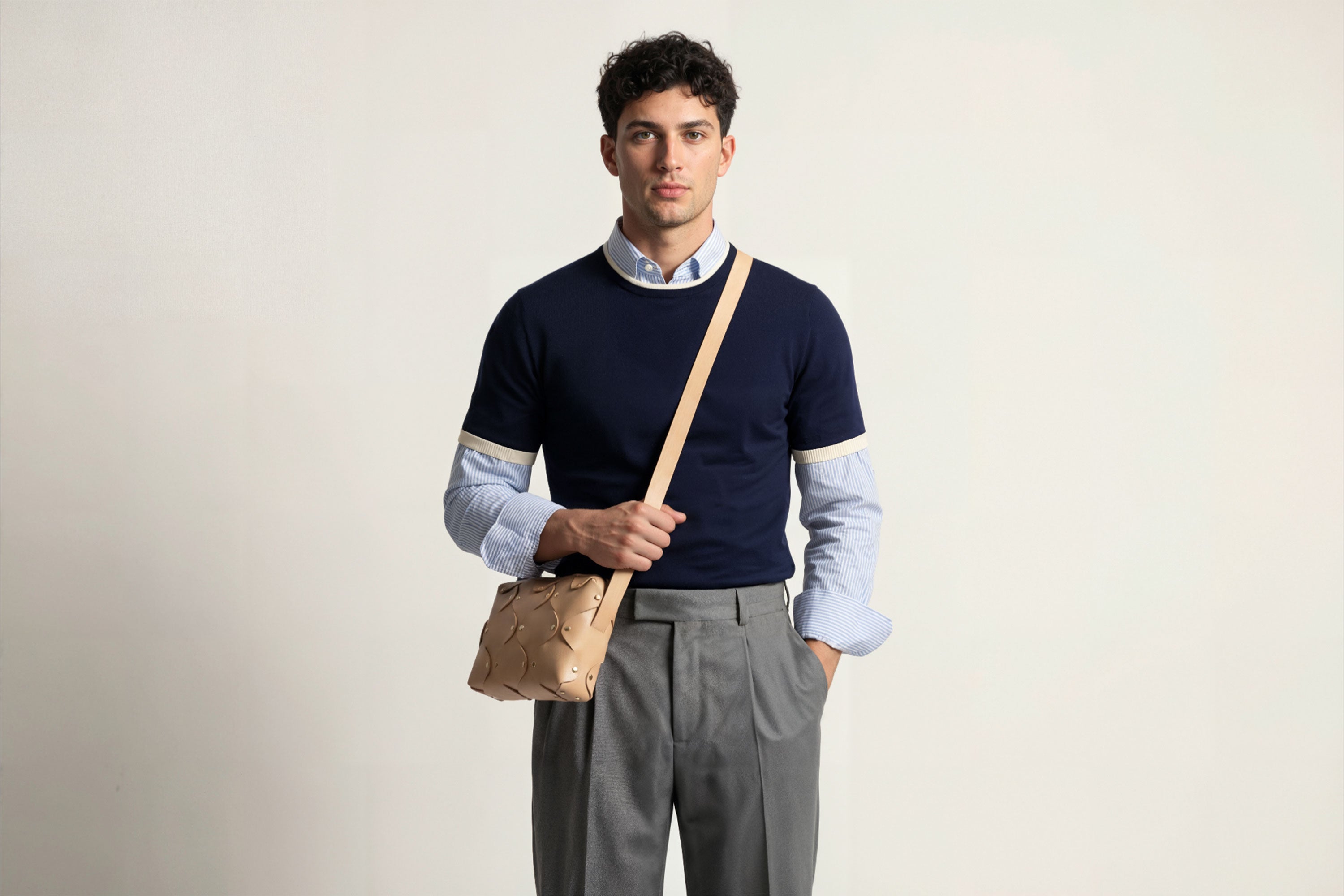 Marlin Leather Bag Natural On A Man Model Quality Brass Rivet Designer Minimal Square Zipper Pouch Crossbody Handbag Clutch Shoulder Atelier Madre Manuel Dreesmann Barcelona