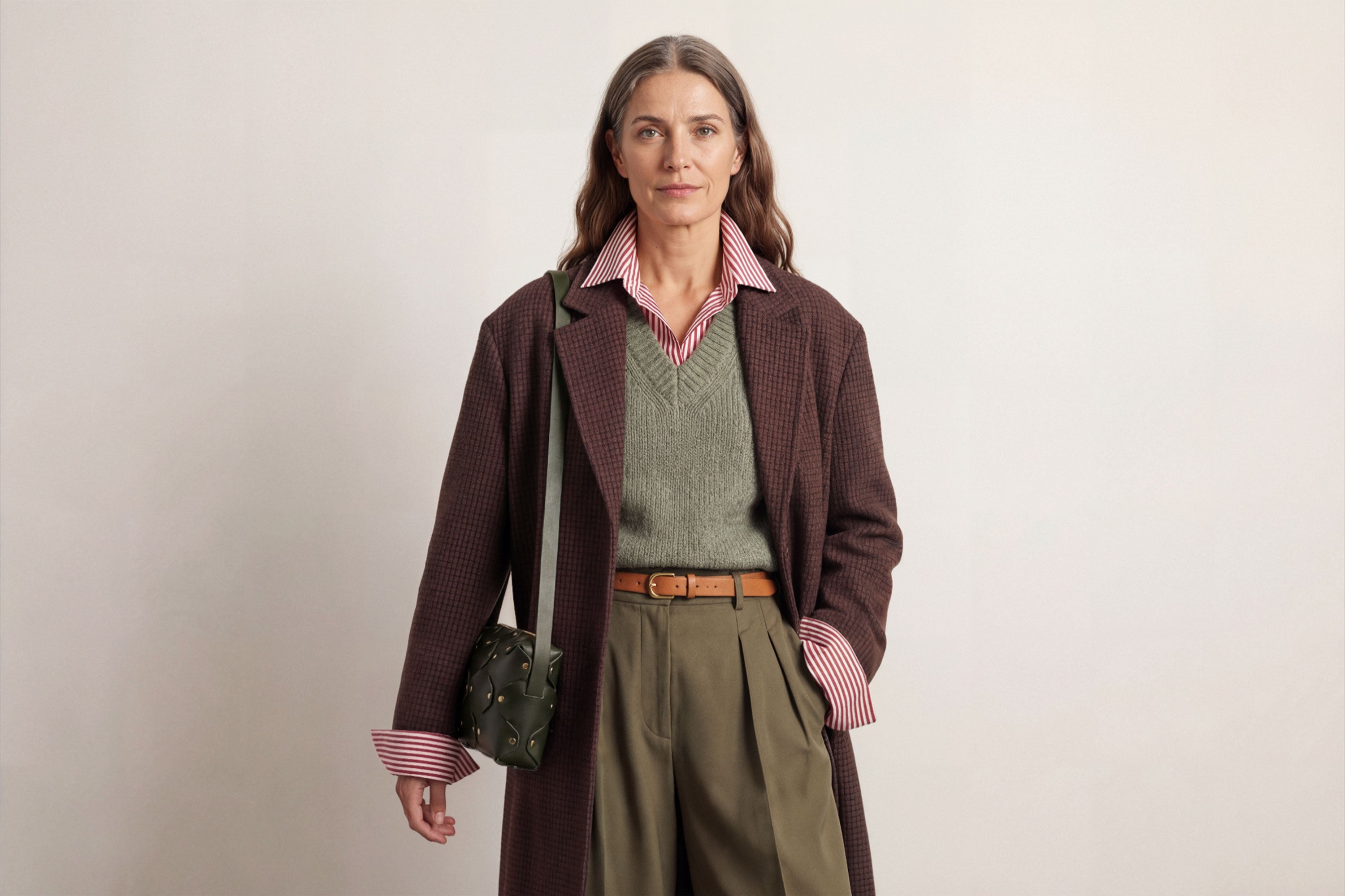 Marlin Leather Bag Olive Green On A Woman Model Quality Brass Rivet Designer Minimal Square Zipper Pouch Crossbody Handbag Clutch Shoulder Atelier Madre Manuel Dreesmann Barcelona