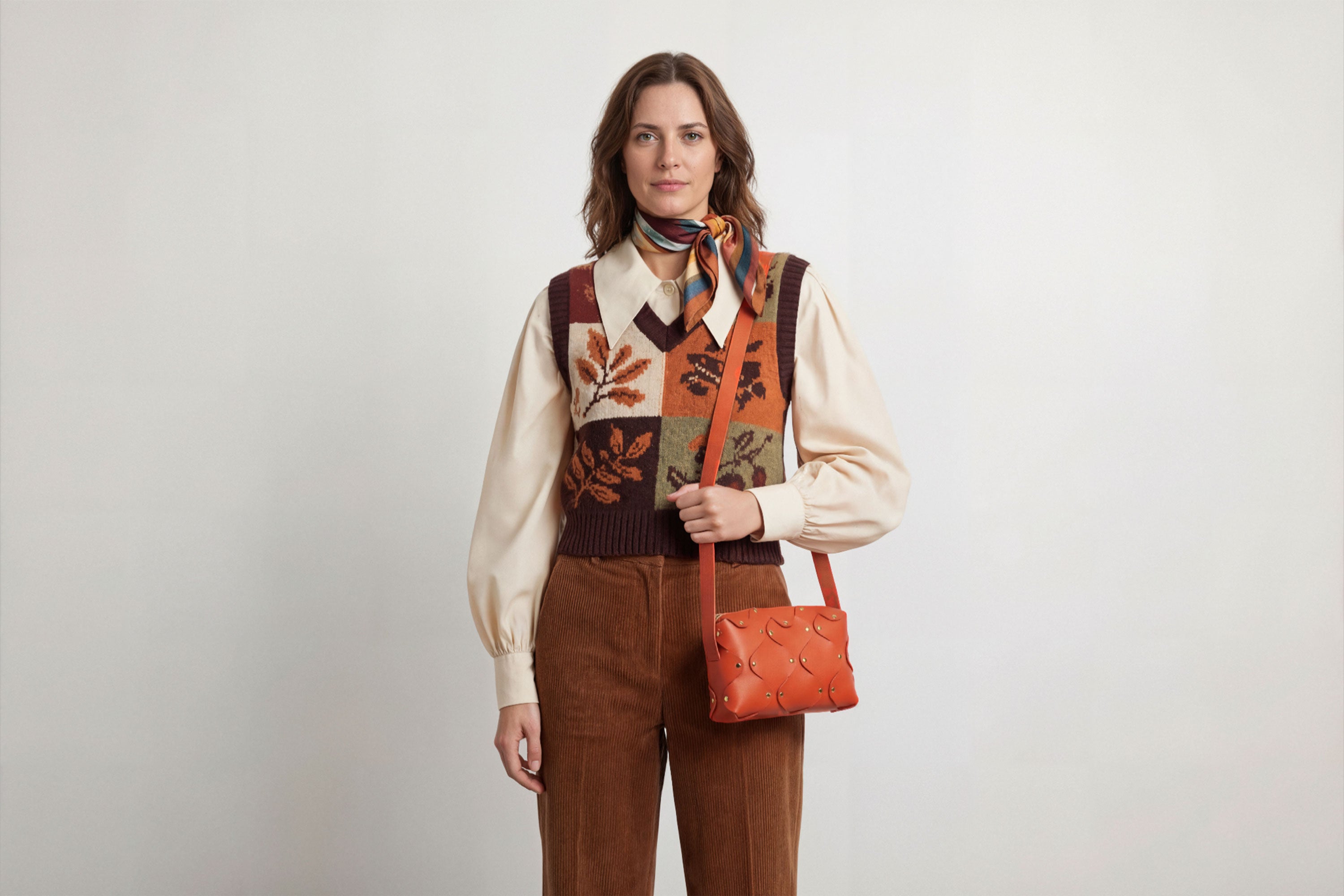 Marlin Leather Bag Orange On A Woman Model Quality Brass Rivet Designer Minimal Square Zipper Pouch Crossbody Handbag Clutch Shoulder Atelier Madre Manuel Dreesmann Barcelona