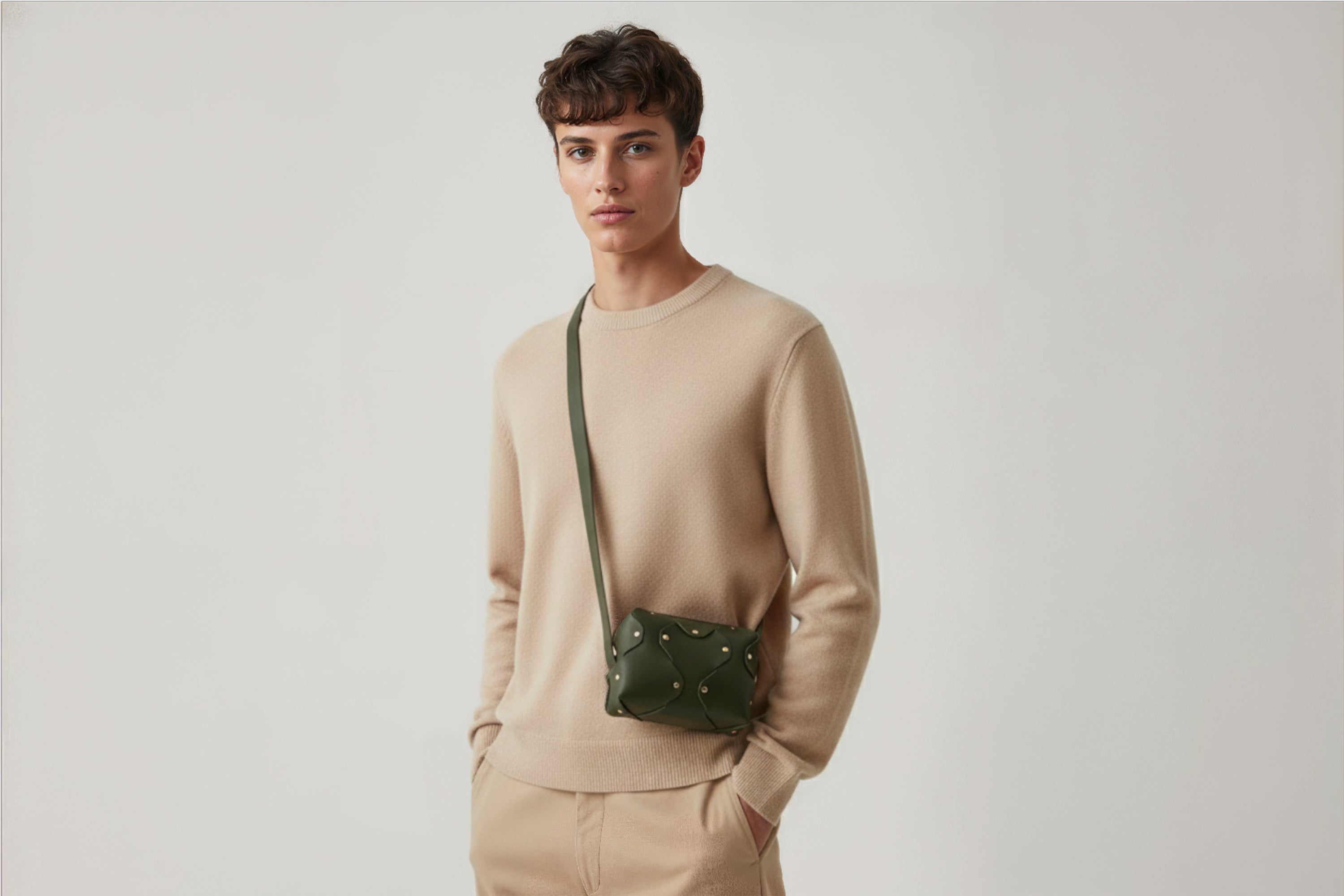 Marlin Leather Bag Small Olive Green Color On A Man Model Premium Quality Minimalist Design Atelier Madre Manuel Dreesmann Barcelona Spain