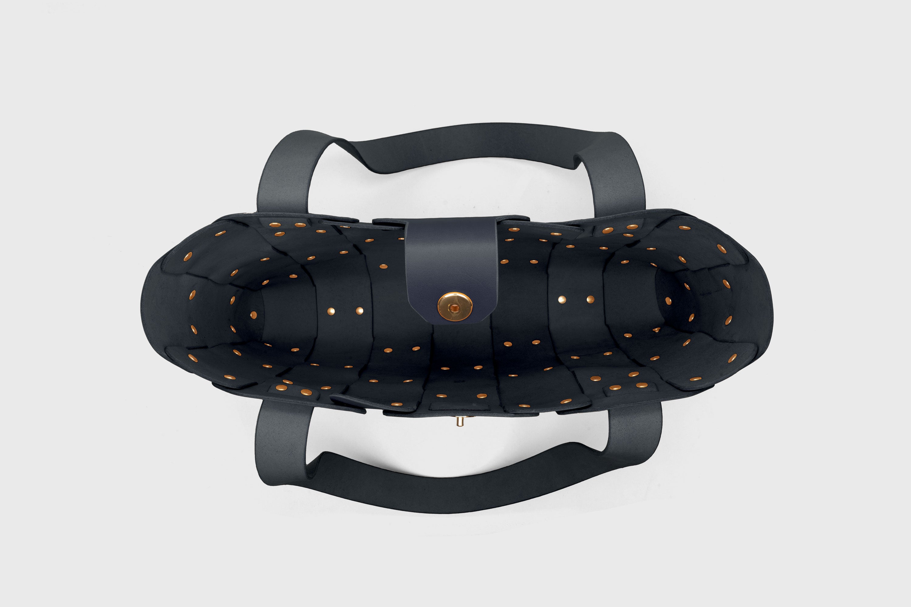 Marlin Tote Bag In Marine Blue Color In Vegetable Tanned Leather With Rivets Atelier Madre Manuel Dreesmann Barcelona Spain