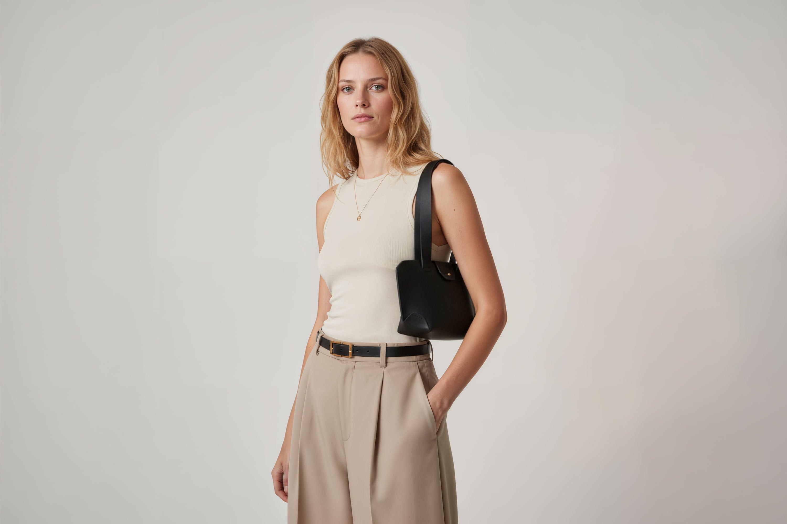 Medium Tote Bag Black Color On Woman Model Leather Premium Quality Minimalist Modern Design Atelier Madre Manuel Dreesmann Barcelona Spain