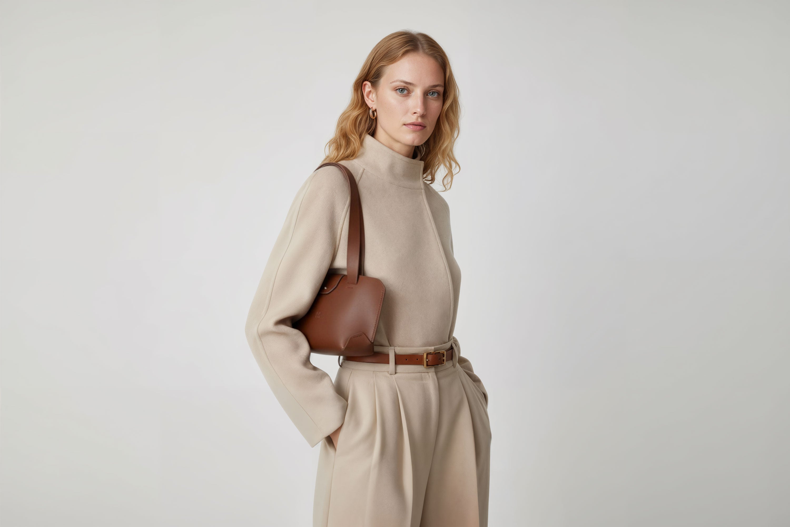 Medium Tote Bag Dark Brown Color On Woman Model Leather Premium Quality Minimalist Modern Design Atelier Madre Manuel Dreesmann Barcelona Spain