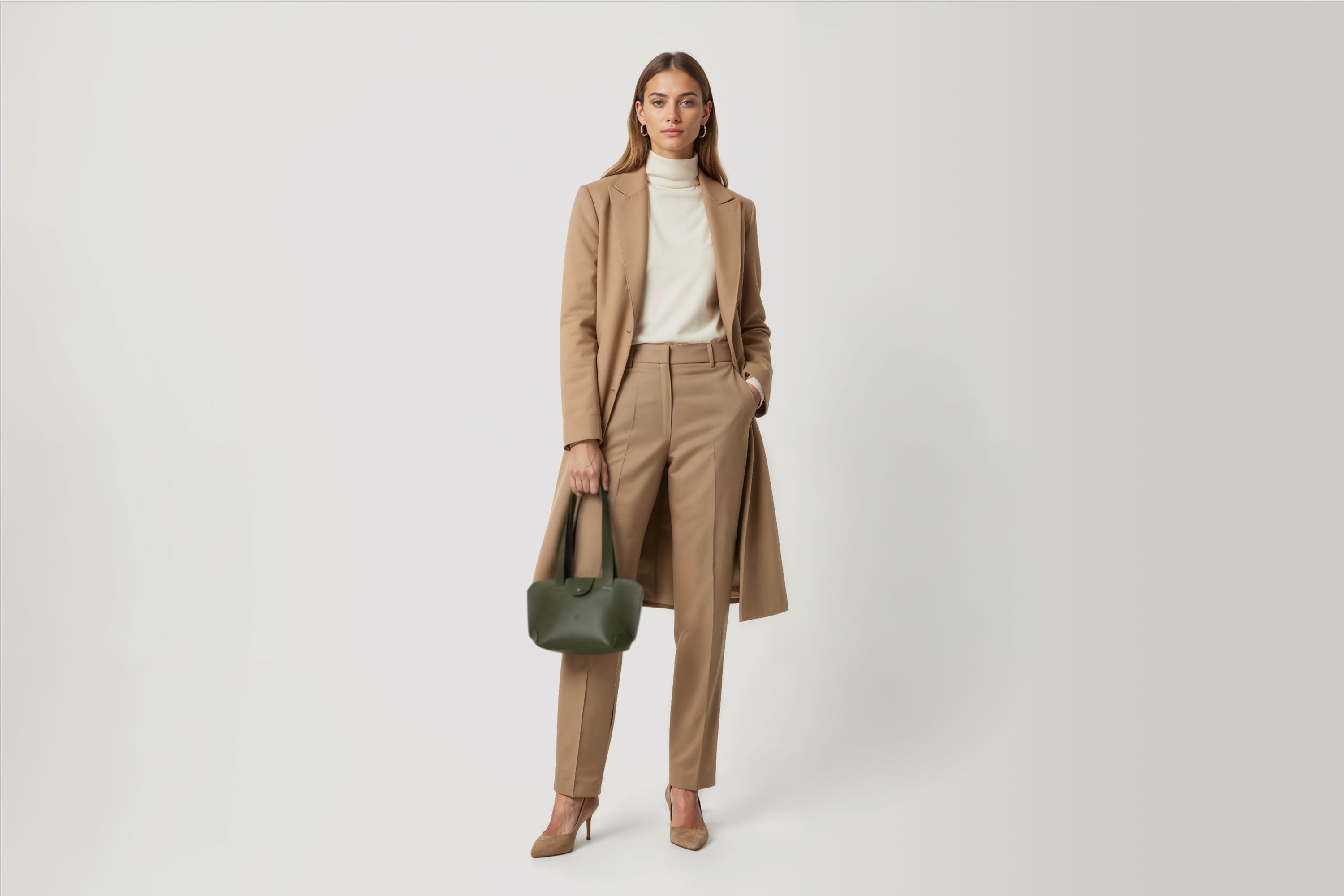 Medium Tote Bag Olive Green Color On Woman Model Leather Premium Quality Minimalist Modern Design Atelier Madre Manuel Dreesmann Barcelona Spain