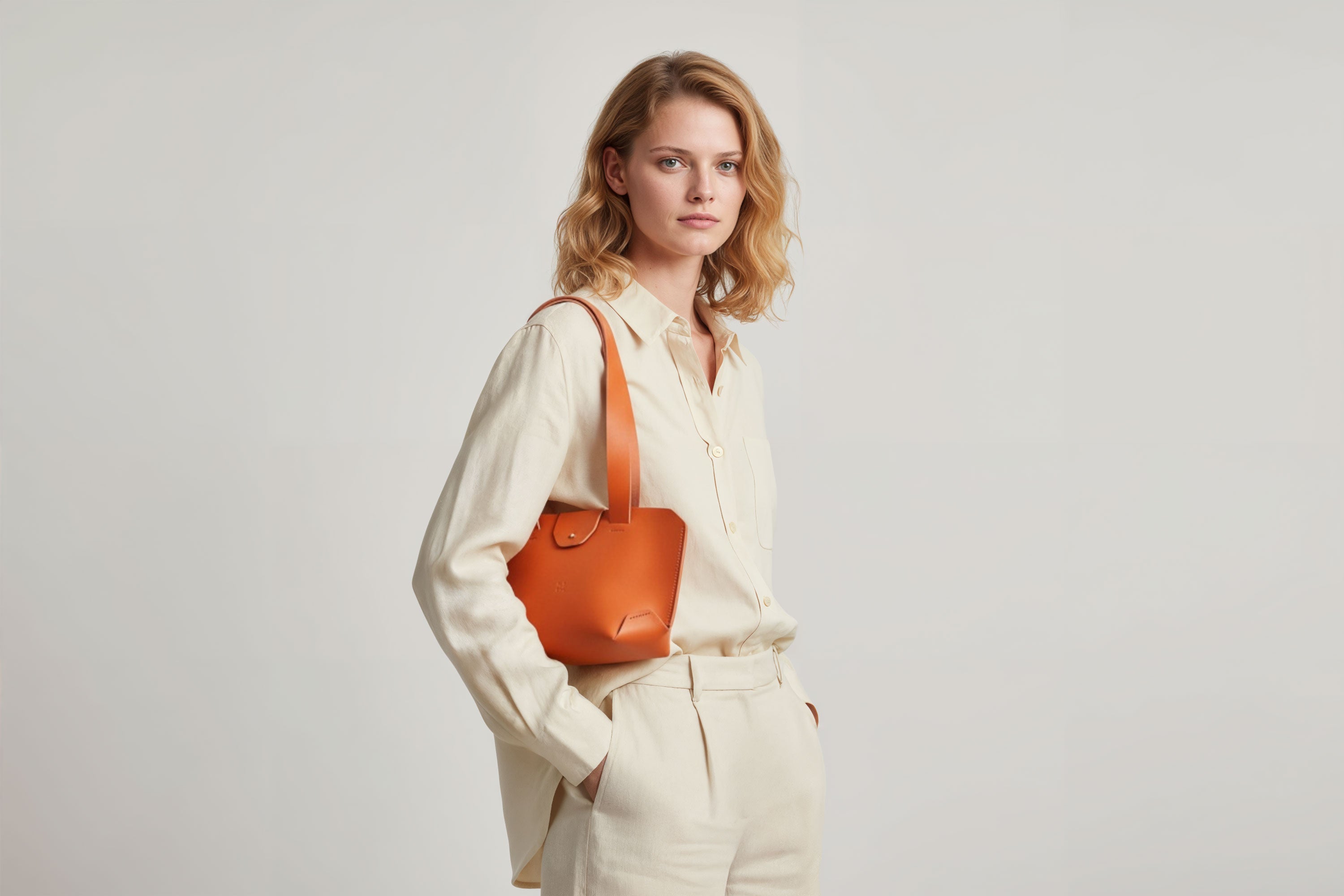 Medium Tote Bag Orange Color On Woman Model Leather Premium Quality Minimalist Modern Design Atelier Madre Manuel Dreesmann Barcelona Spain