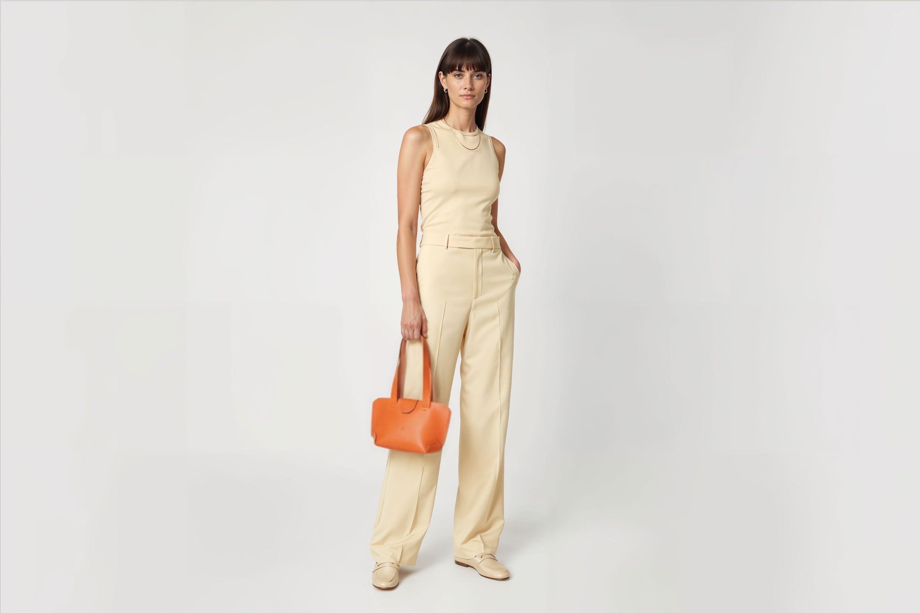 Medium Tote Bag Orange Color On Woman Model Leather Premium Quality Minimalist Modern Design Atelier Madre Manuel Dreesmann Barcelona Spain