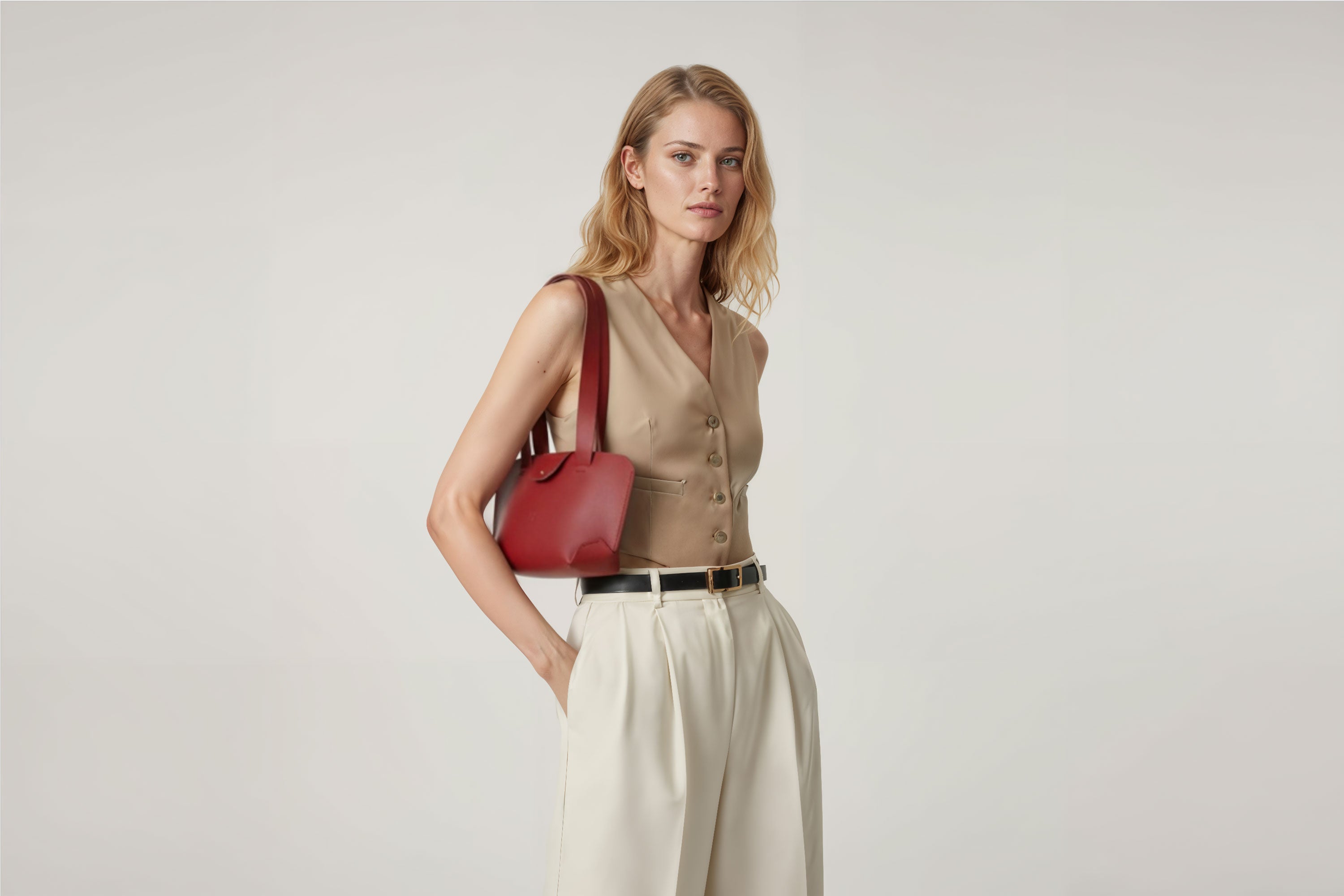 Medium Tote Bag Red Color On Woman Model Leather Premium Quality Minimalist Modern Design Atelier Madre Manuel Dreesmann Barcelona Spain