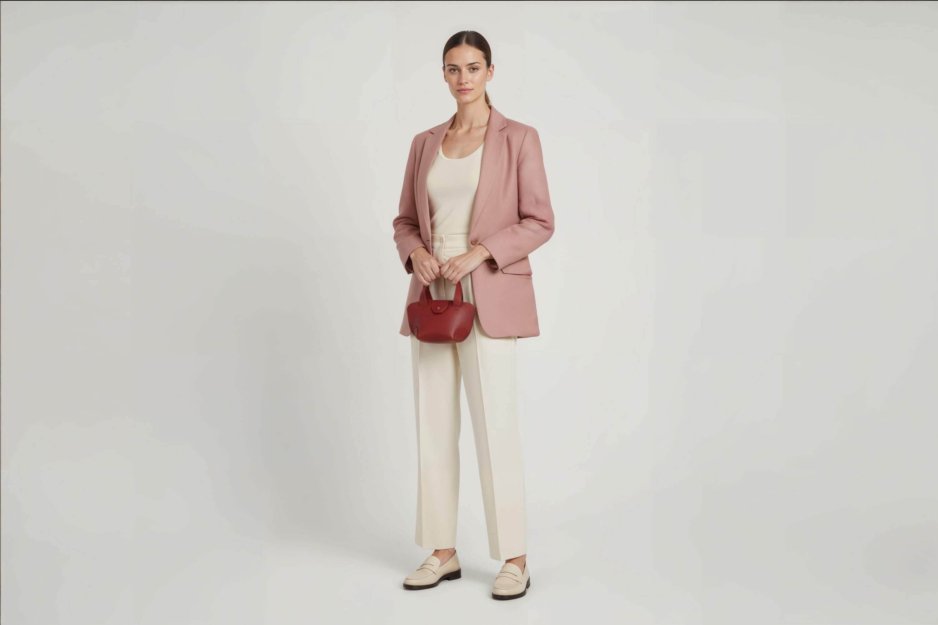 Mini Tote Bag Red Leather On A Woman Model Handbag Small Modern Minimalist Design Premium Quality Atelier Madre Manuel Dreesmann Barcelona Spain