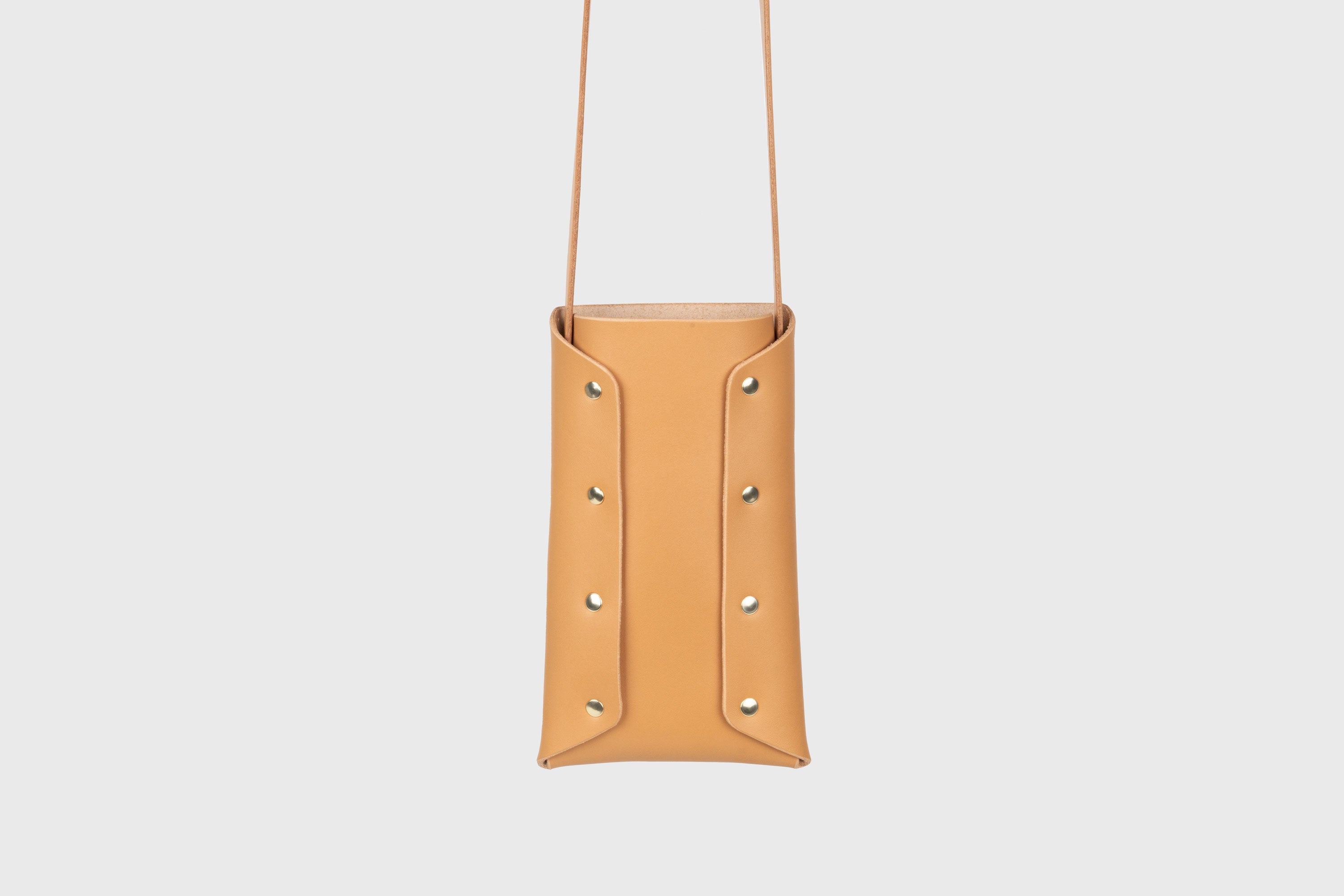 Neck Pouch Wide In Brown Leather In Vegetable Tanned Leather Minimalistic Design With Rivets Atelier Madre Manuel Dreesmann Barcelona Spain
