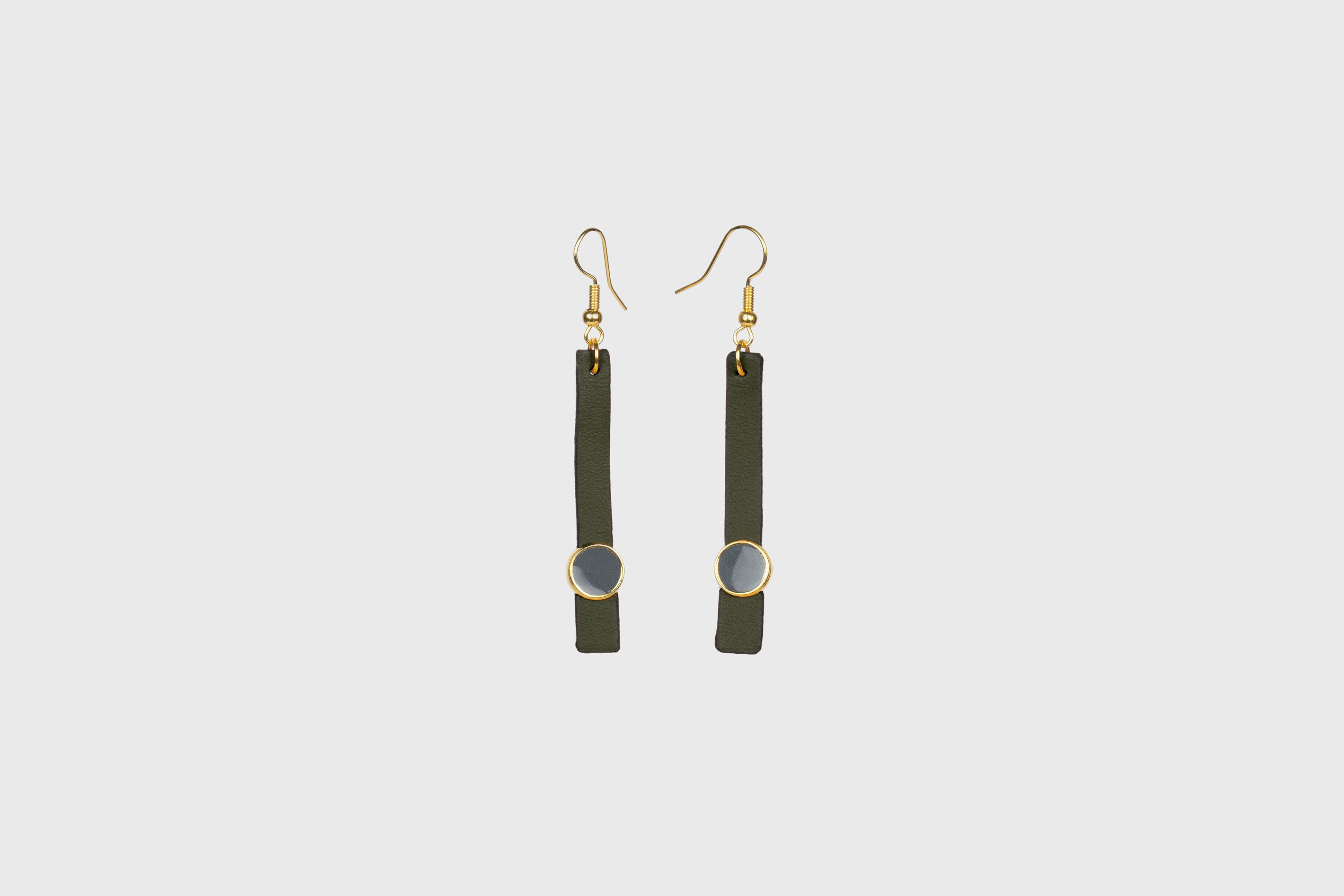 Nuria Earrings In Olive Green Color Vegetable Tanned Leather Gold Brass Hook Minimalistic Design Atelier Madre Manuel Dreesmann Barcelona Spain