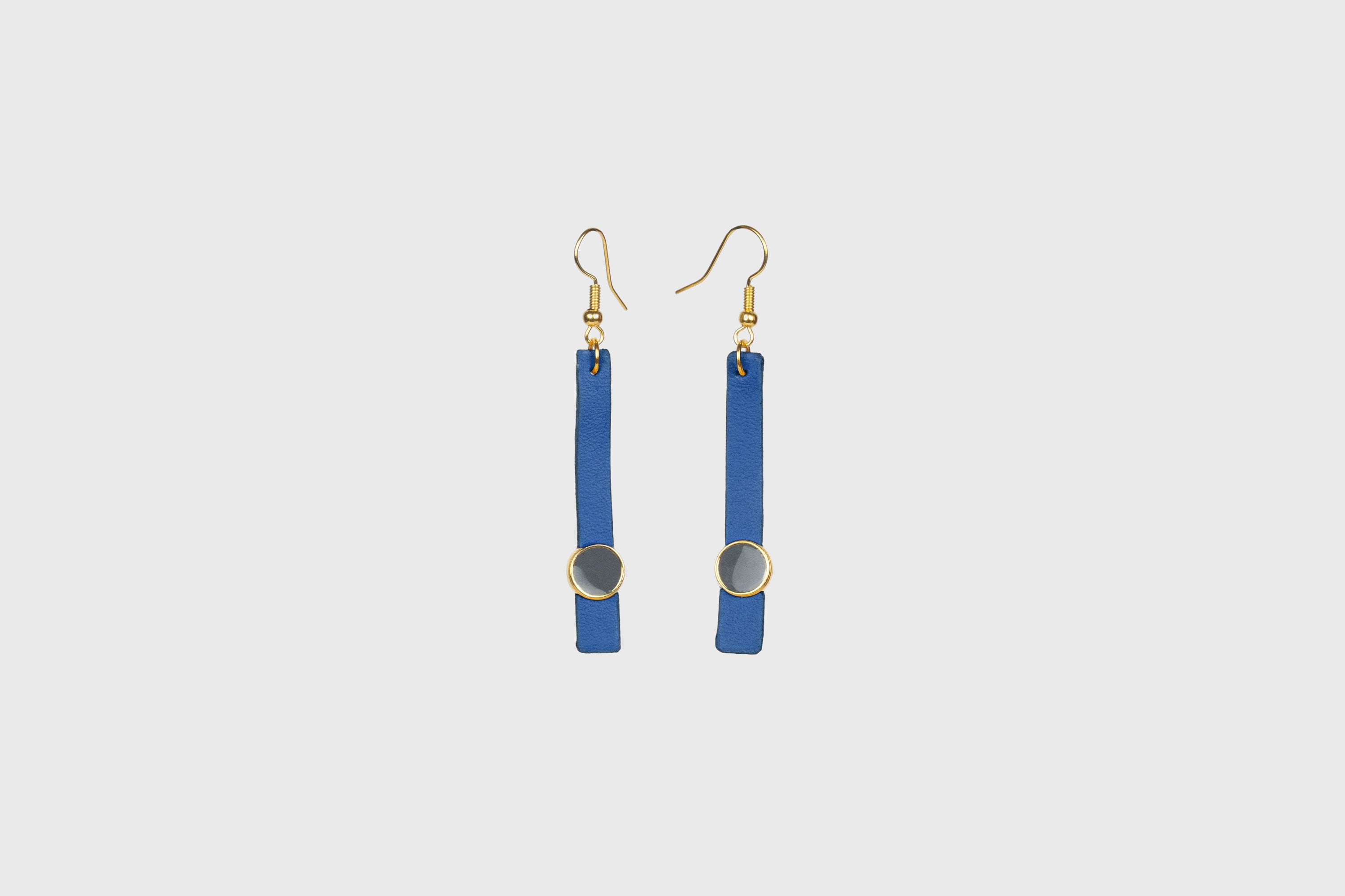 Nuria Earrings In Royal Blue Color Vegetable Tanned Leather Gold Brass Hook Minimalistic Design Atelier Madre Manuel Dreesmann Barcelona Spain