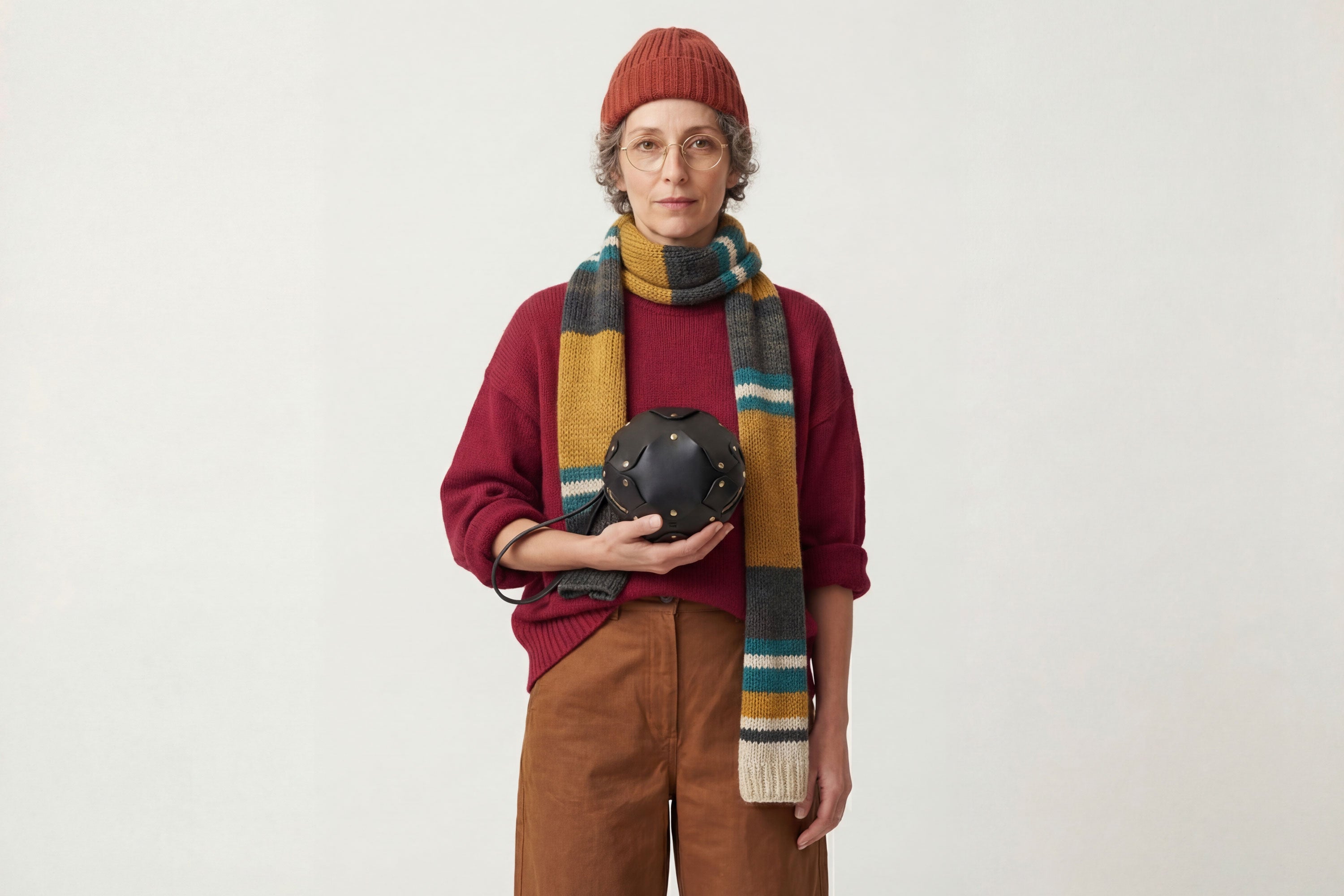 Puff Leather Ball Bag Black Color On A Woman Model Luxury Vegetable Tanned Full Grain Spain Brass Rivets Premium Design Minimalist Modern Round Sphere Circle Round Zipper Pouch Handbag Clutch Bag Atelier Madre Manuel Dreesmann Barcelona