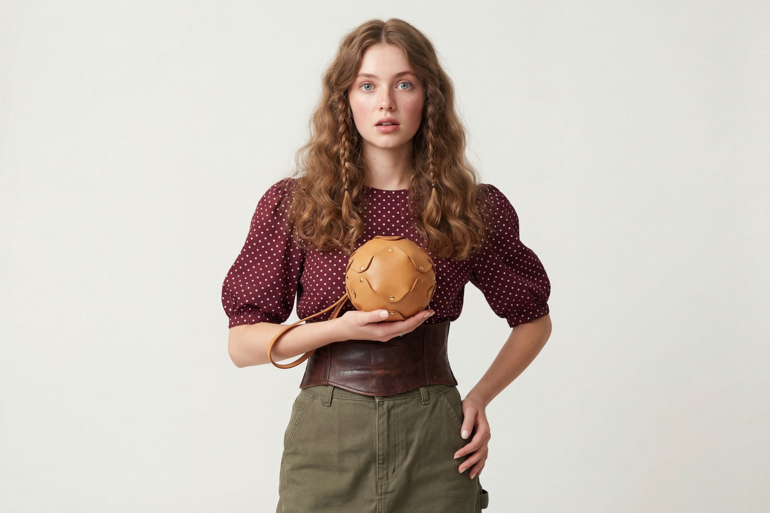 Puff Leather Ball Bag Brown Color On A Woman Model Luxury Vegetable Tanned Full Grain Spain Brass Rivets Premium Design Minimalist Modern Round Sphere Circle Round Zipper Pouch Handbag Clutch Bag Atelier Madre Manuel Dreesmann Barcelona