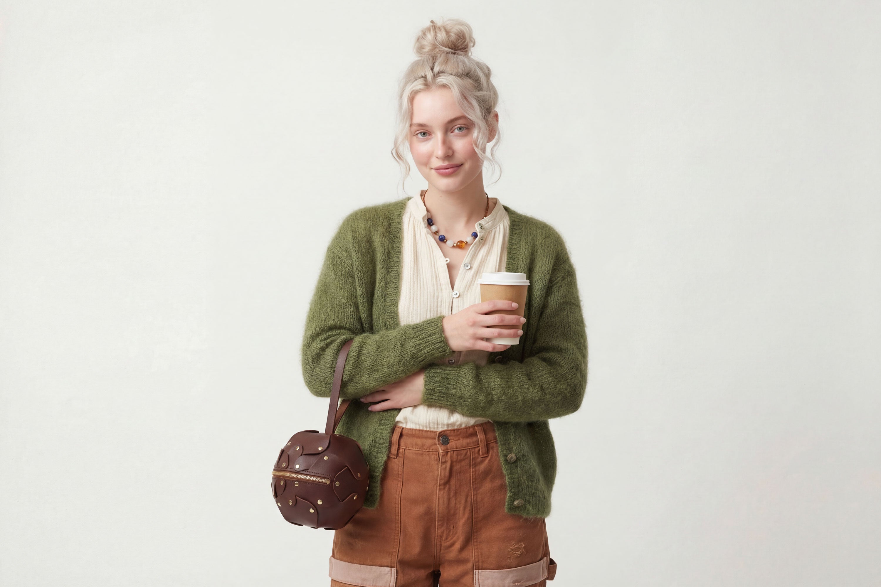 Puff Leather Ball Bag Dark Brown Color On A Woman Model Luxury Vegetable Tanned Full Grain Spain Brass Rivets Premium Design Minimalist Modern Round Sphere Circle Round Zipper Pouch Handbag Clutch Bag Atelier Madre Manuel Dreesmann Barcelona