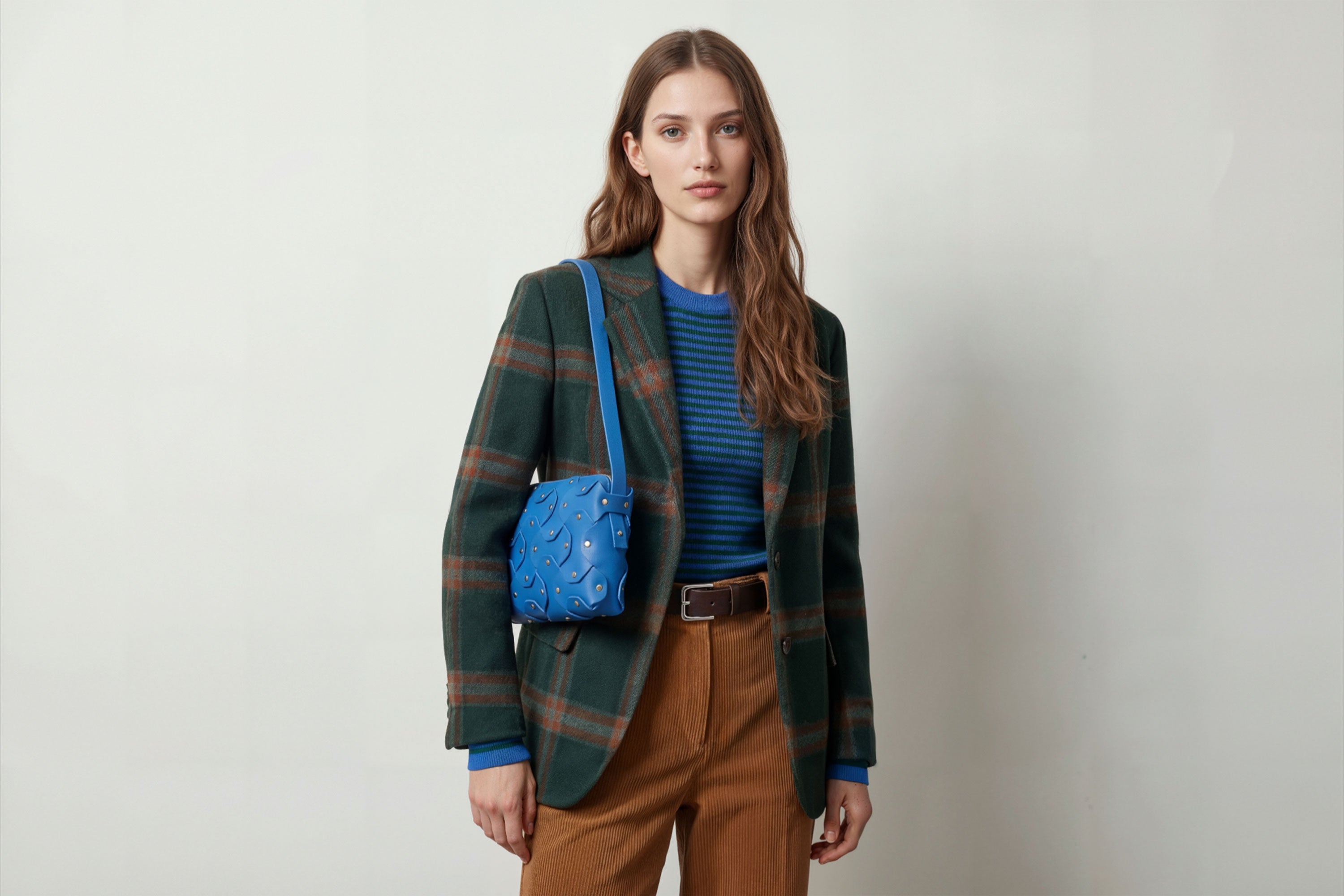 The Rivet Bag Big Leather Royal Blue Color On A Model Vegetable Tanned Full Grain Leather Premium Quality Handbag Crossbody Shoulder Clutch Minimalistic Modern Design Atelier Madre Manuel Dreesmann Barcelona Spain