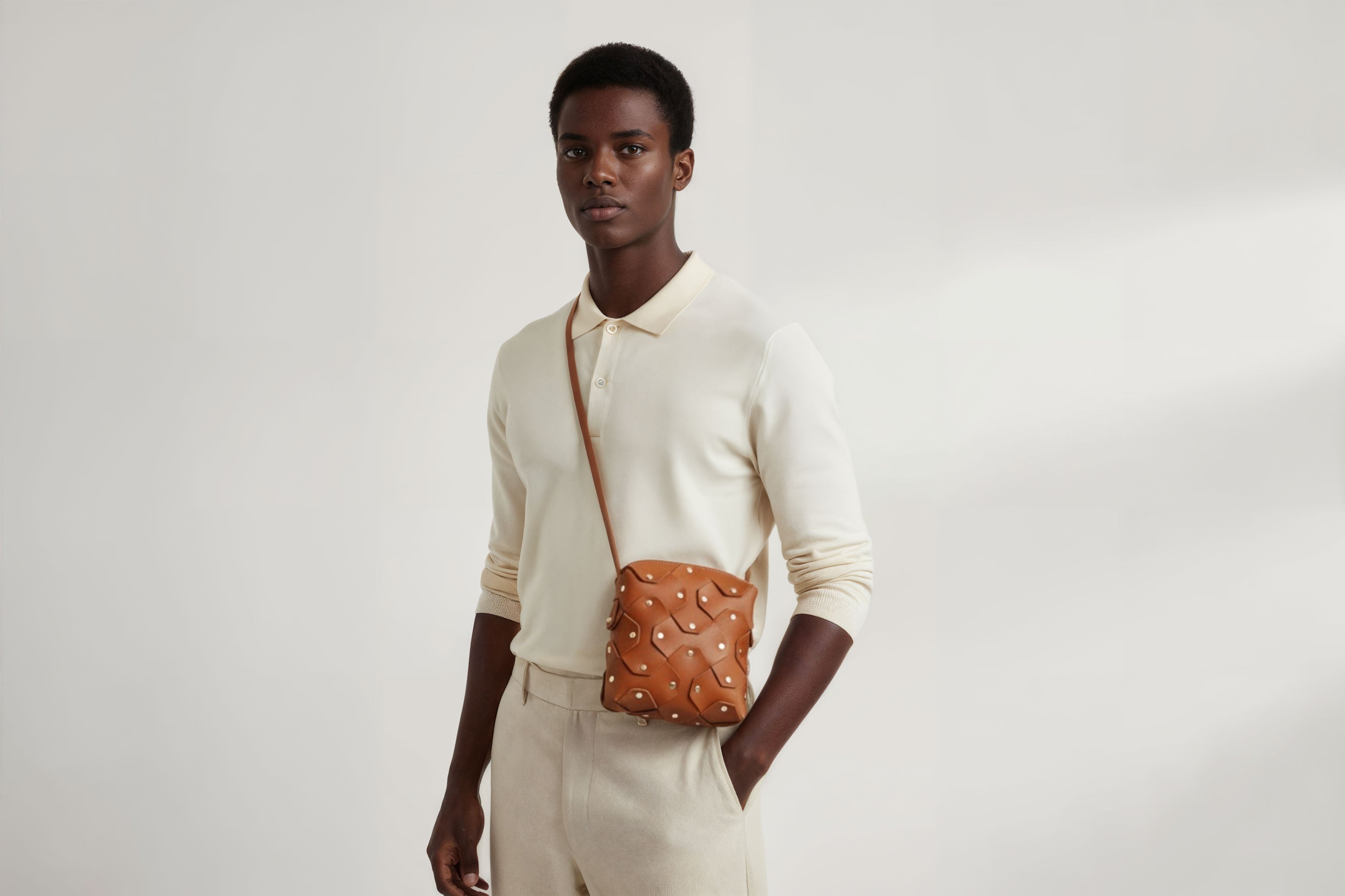 Rivet Bag Squared Dark Brown Colour Leather Bag On a Man Model Minimalist Modern Design Premium Quality Atelier Madre Manuel Dreesmann Barcelona