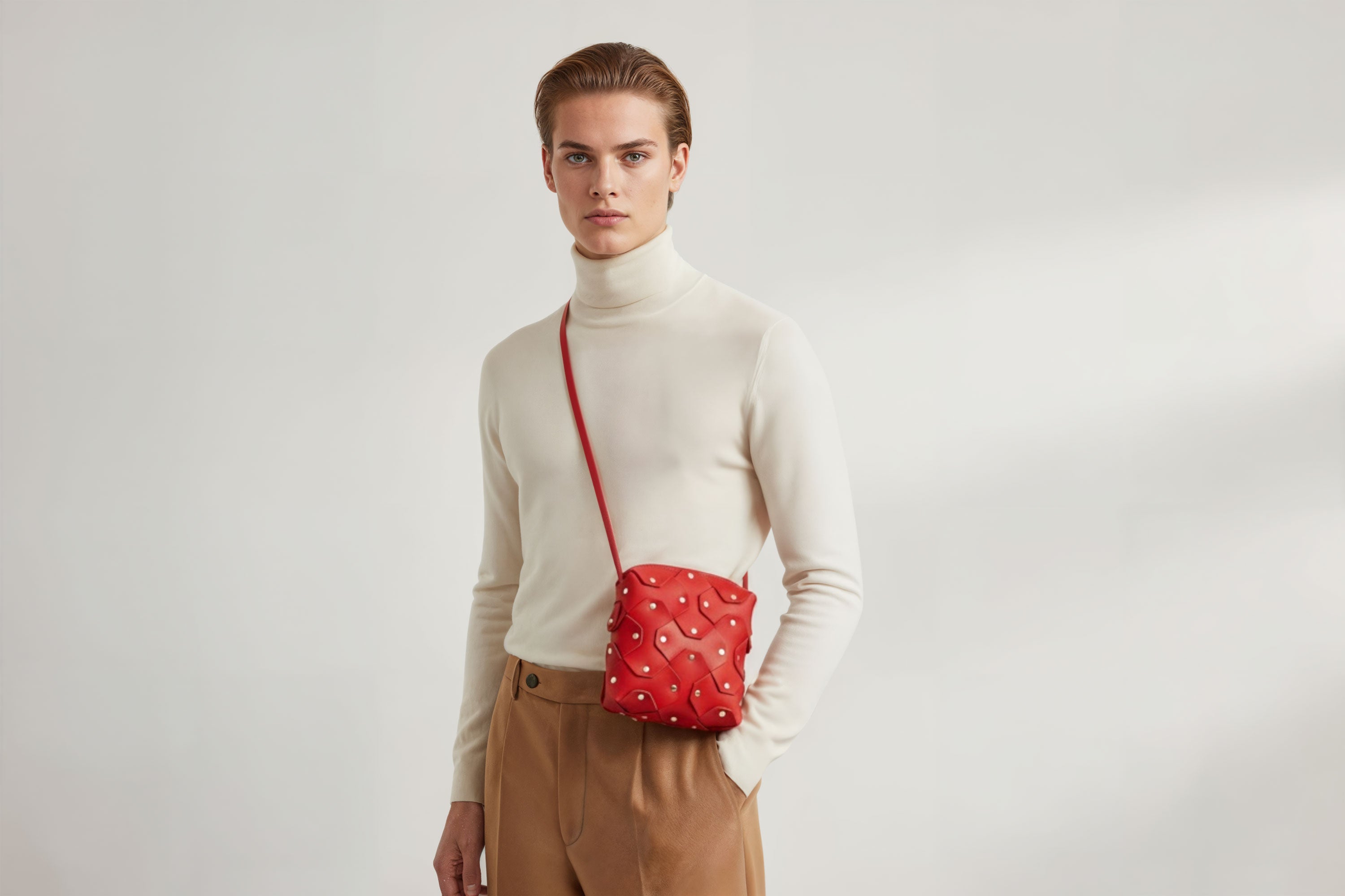 Rivet Bag Squared Red Colour Leather Bag On A Man Model Minimalist Modern Design Premium Quality Atelier Madre Manuel Dreesmann Barcelona